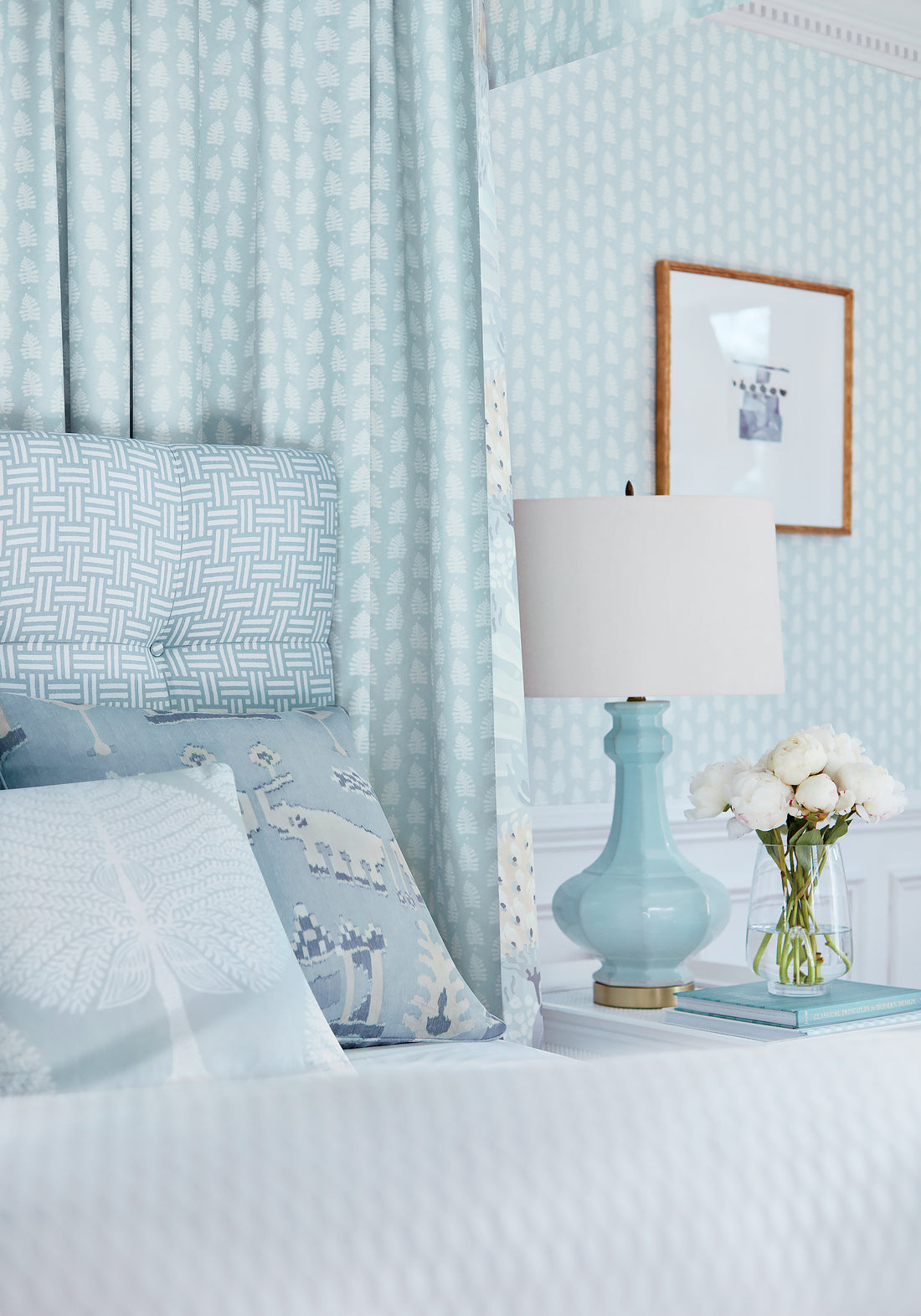 Bed canopy made with Thibaut Ferndale printed fabric in Spa Blue color - pattern number F910656