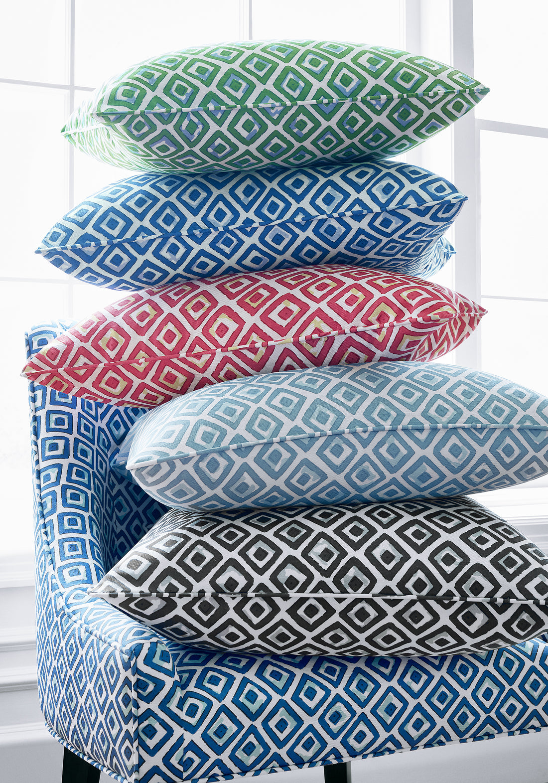 Pillow made with Thibaut Indian Diamond printed fabric in spa blue color - pattern F910662