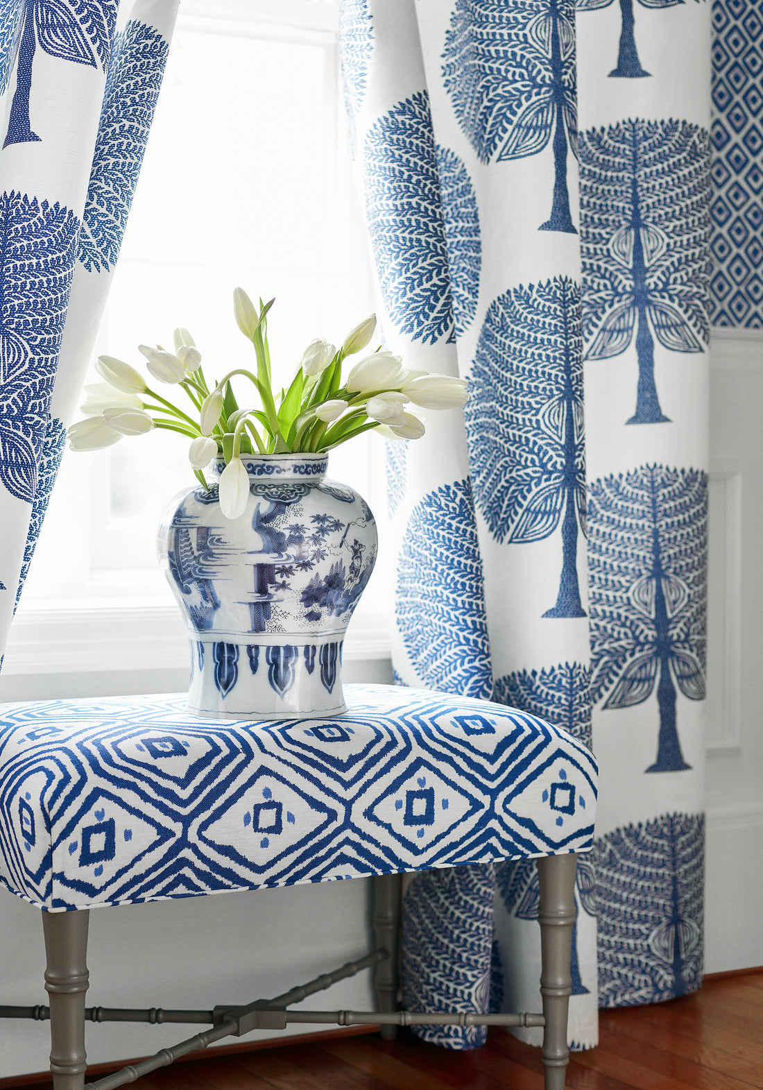 Drapery curtains made with Thibaut Mulberry Tree fabric in navy color - pattern number F910603