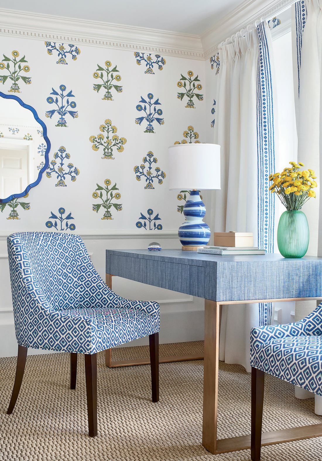 Morgan Dining Chairs upholstered in Thibaut Indian Diamond printed fabric in Blue and Turquoise color, pattern F910658