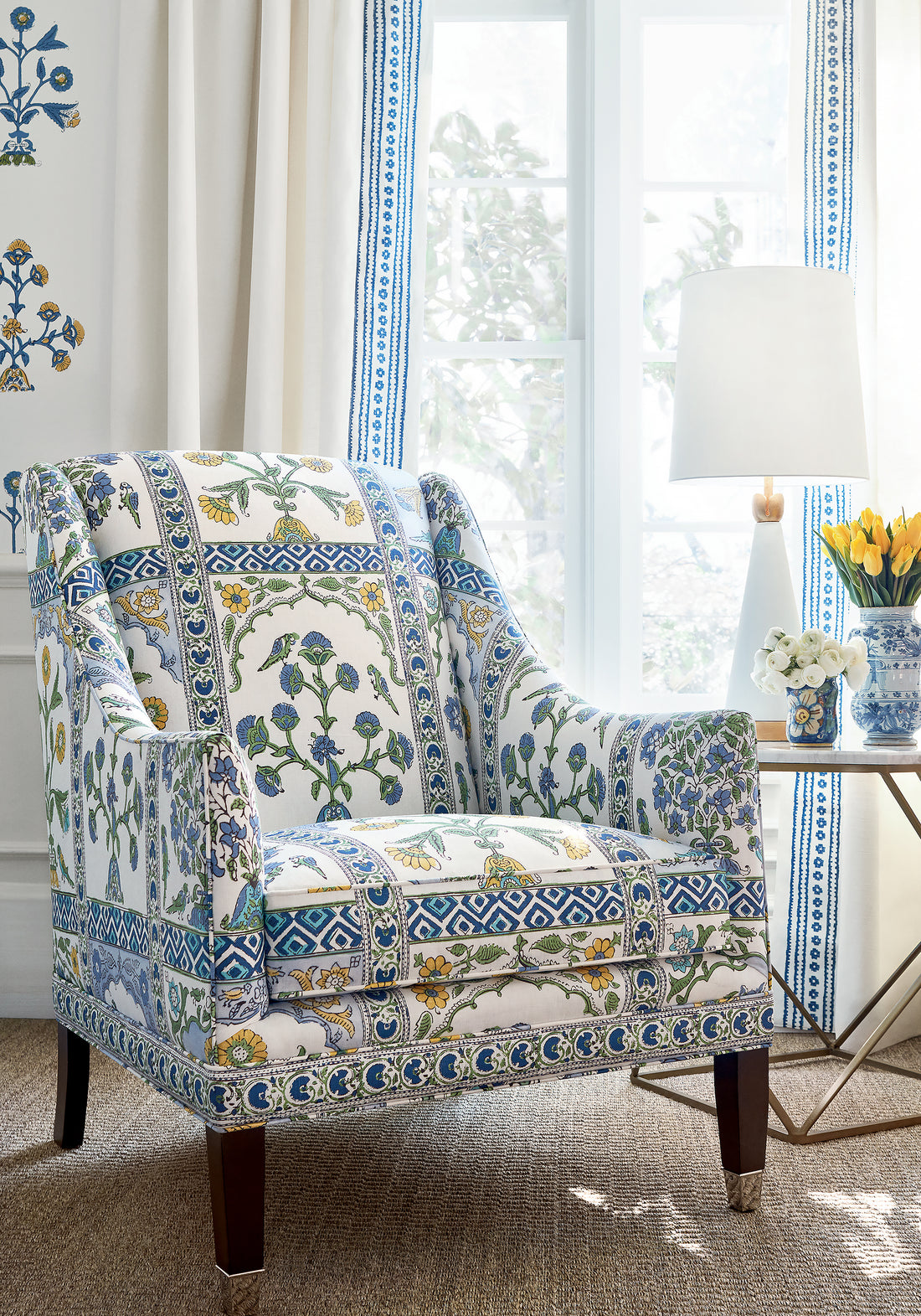 Shelton Wing Chair in Thibaut Indian Panel printed fabric in Blue and Yellow color - pattern number F910628 