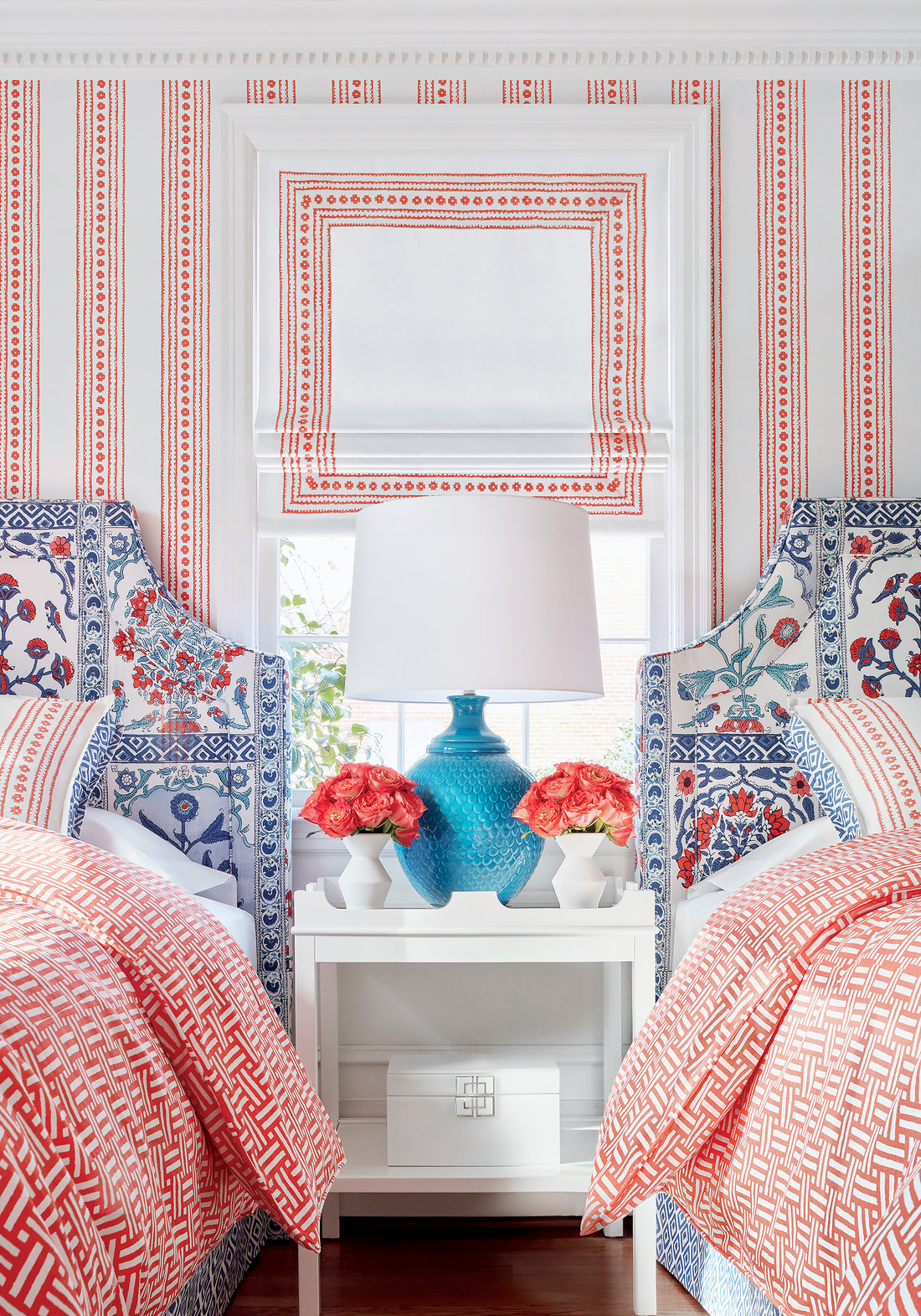 Roman shade made with Thibaut New Haven Stripe printed fabric in Coral color - pattern number F910606