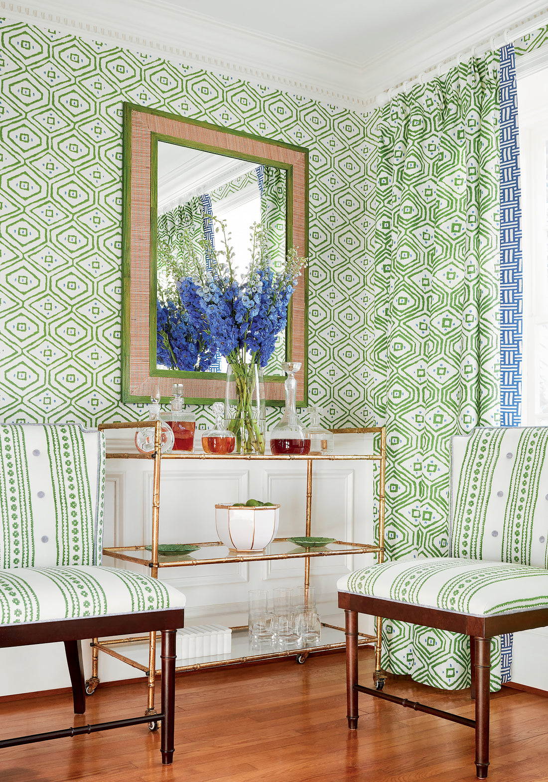 Living room with drapery curtains made with Thibaut Pass-A-Grille fabric in green color - pattern F910616 