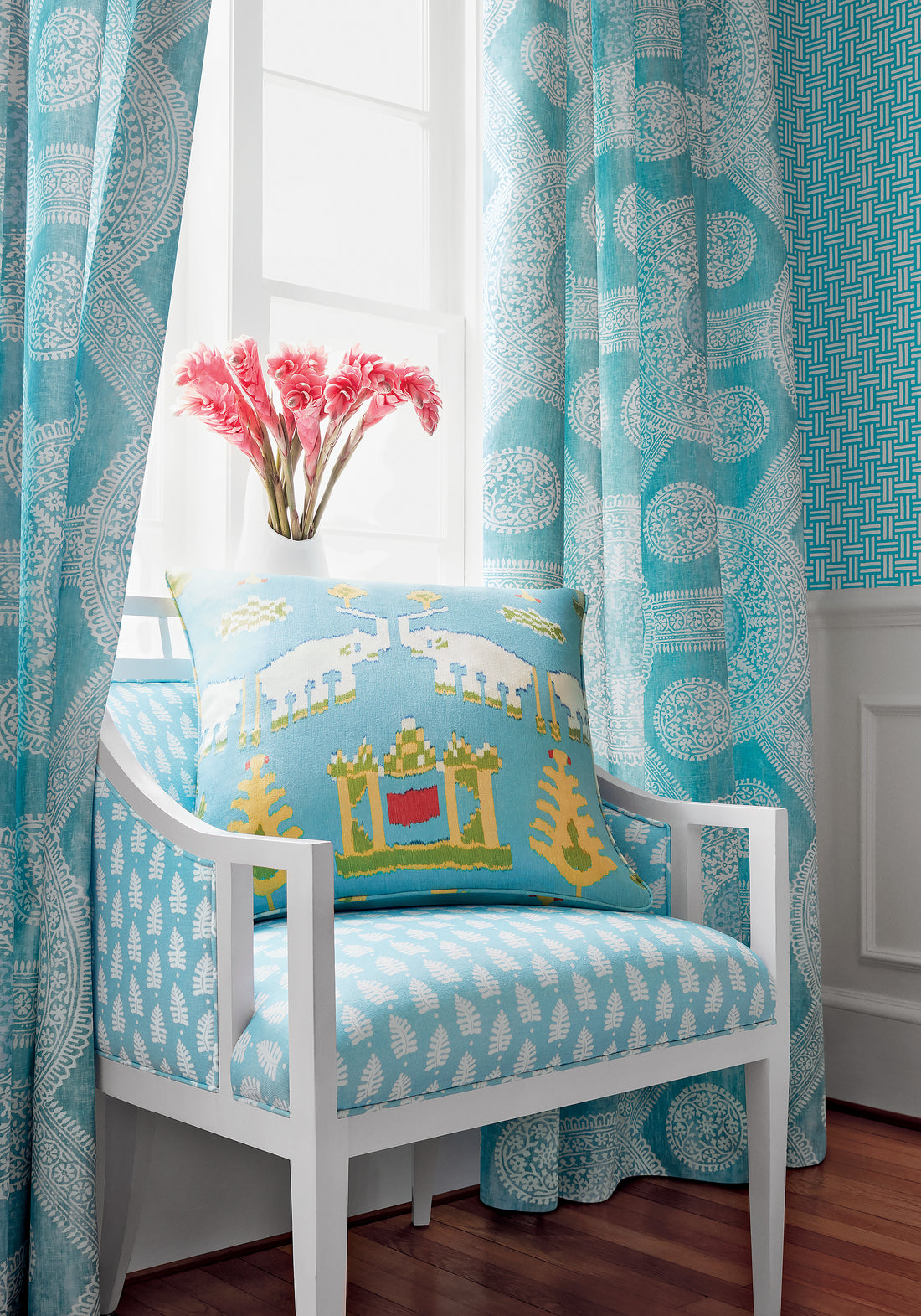 Pillow made with Thibaut Kingdom Parade fabric in turquoise color - pattern number F910644