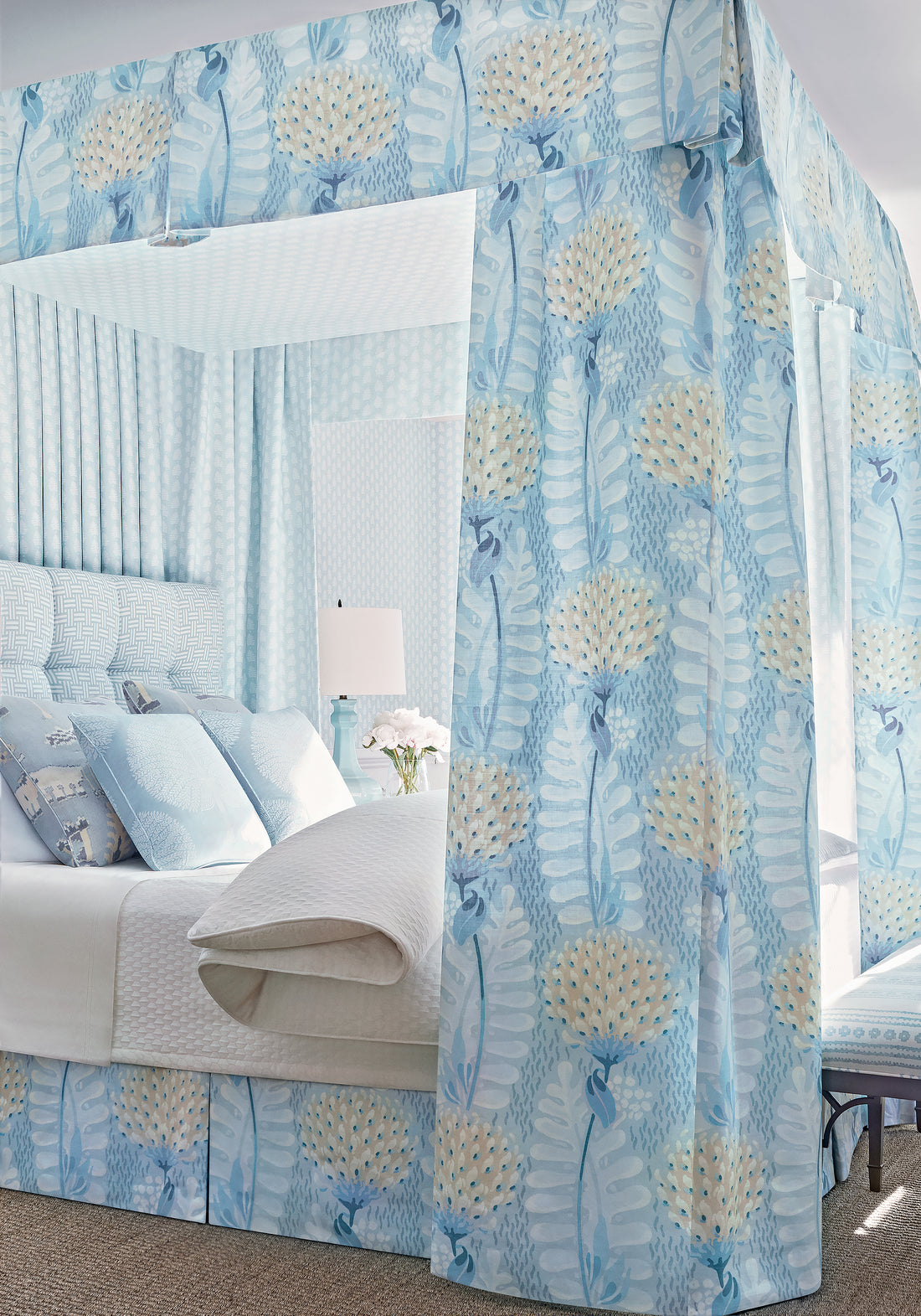 Bedskirt and canopy made with Thibaut Tiverton printed fabric in Spa Blue color, pattern F910645