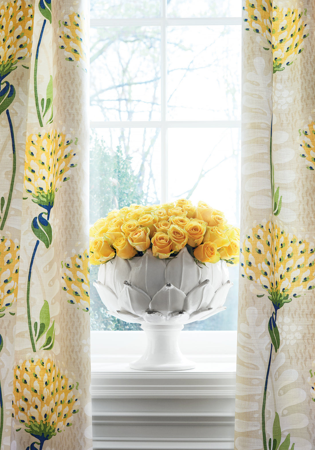 Drapery curtains made with Thibaut Tiverton fabric in yellow color - pattern number F910646