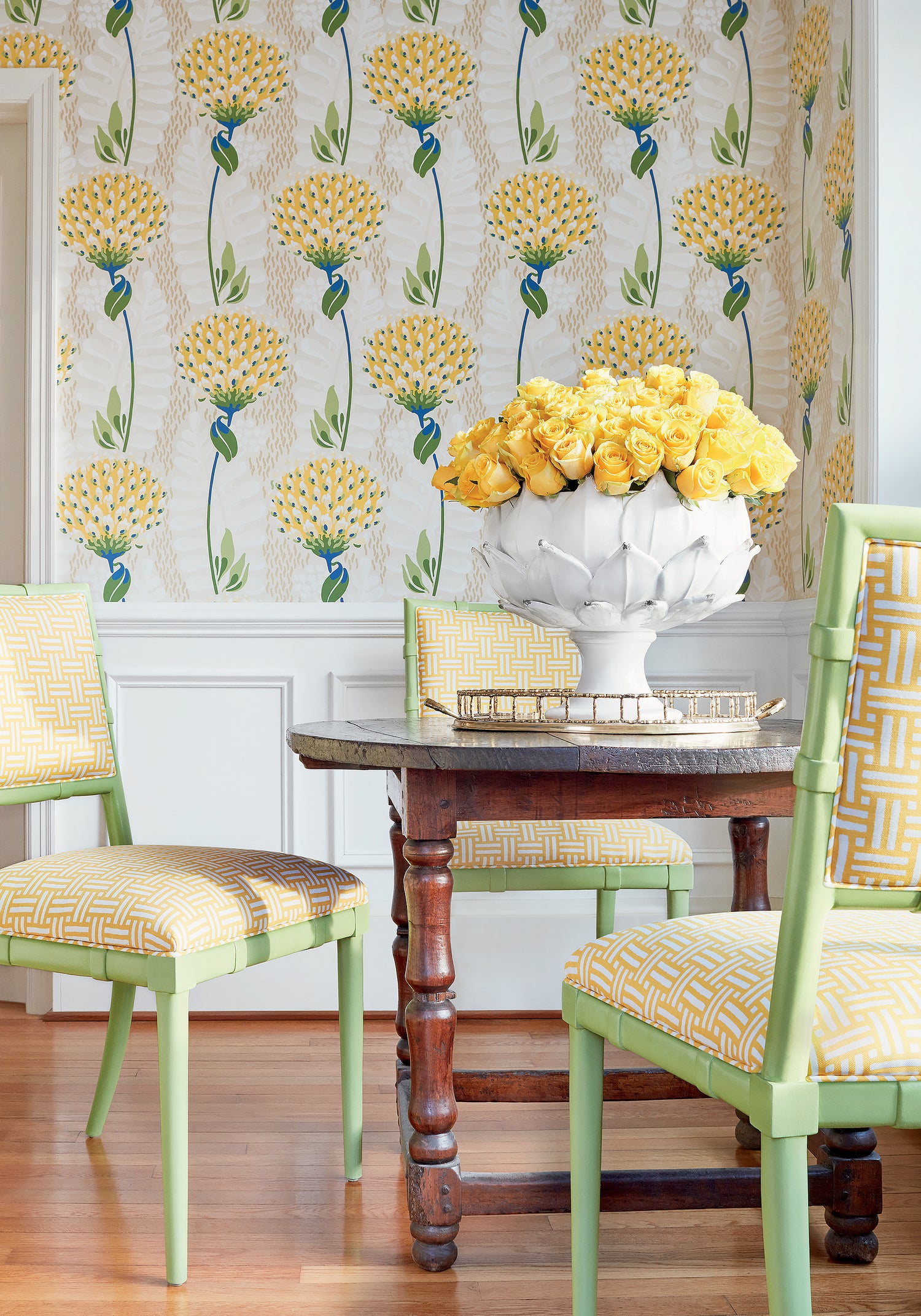 Greenwich Dining Chairs upholstered with Piermont printed fabric in Yellow color, pattern F910626