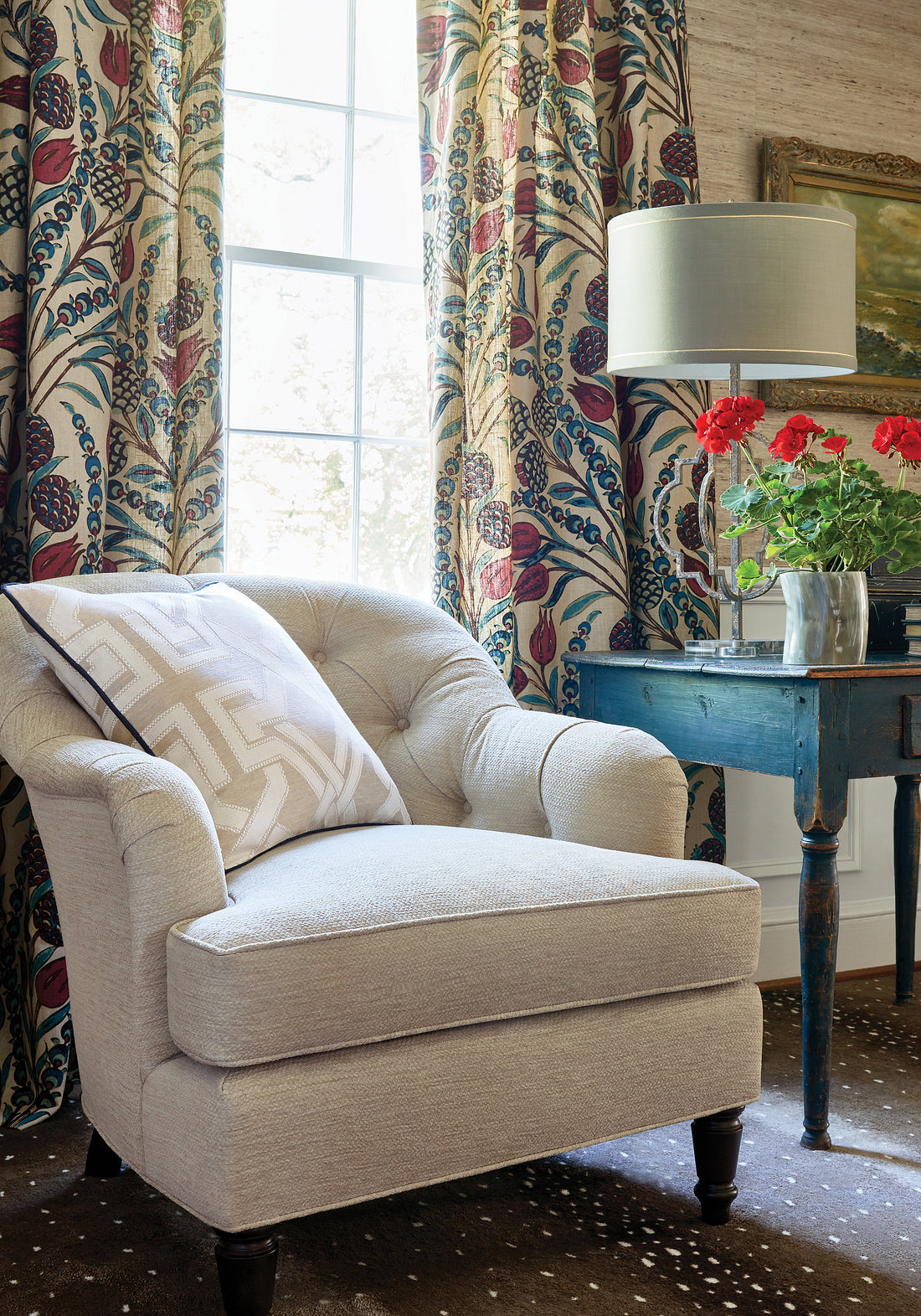 Corneila printed fabric in red and teal color - pattern number F972601 by Thibaut in the Chestnut Hill collection