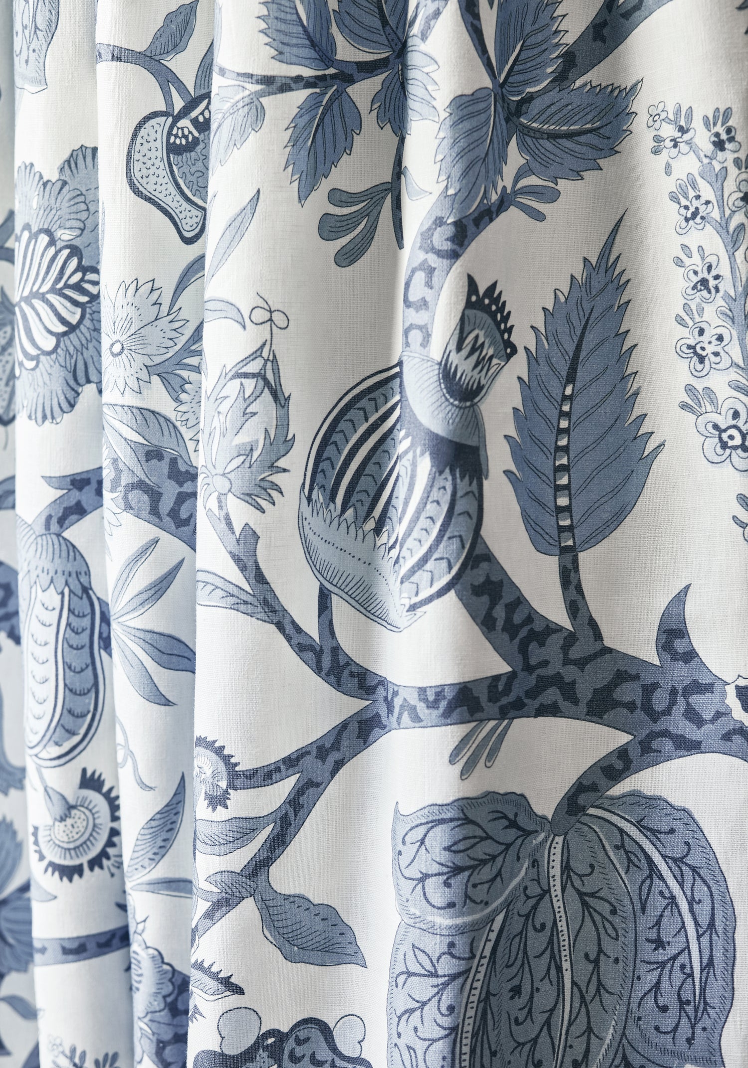 Detailed view of Macbeth printed fabric in blue color variant by Thibaut in the Chestnut Hill collection - pattern number F972624