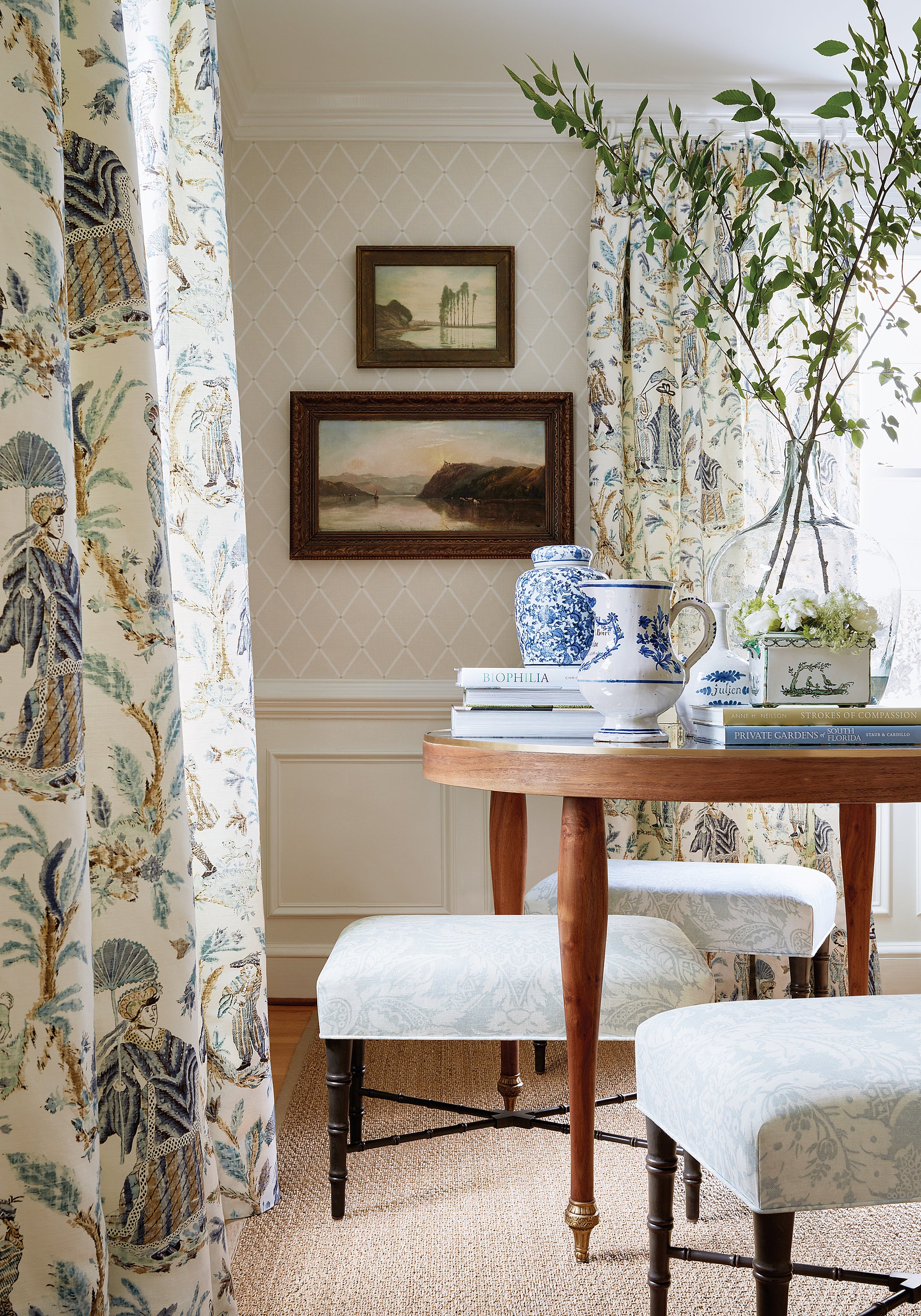 Detailed view of Royale Toile printed fabric in turquoise and navy color variant by Thibaut in the Chestnut Hill collection - pattern number F972574