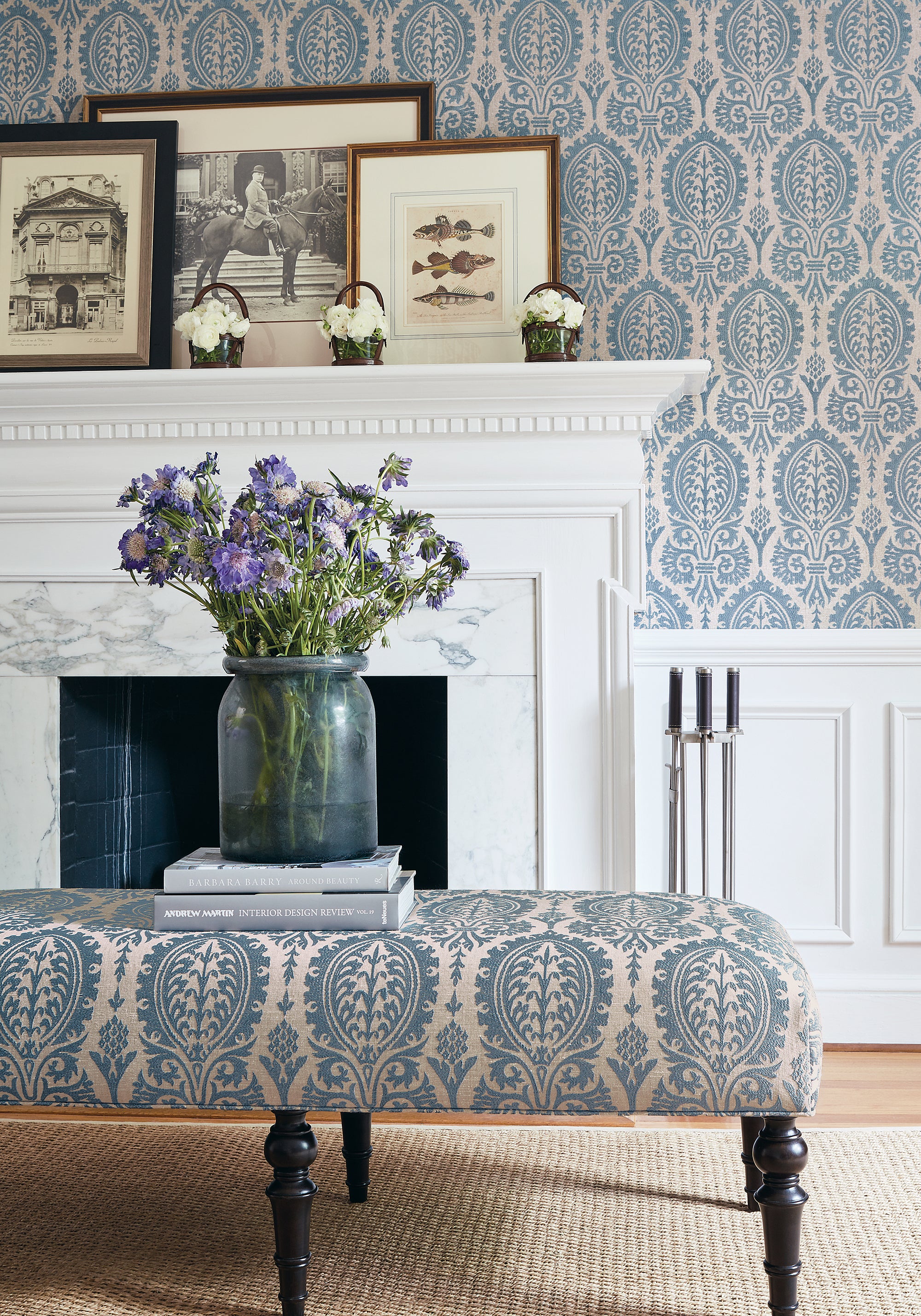 Baxter Bench in Sir Thomas Embroidery woven fabric in slate blue color - pattern number W772571 by Thibaut in the Chestnut Hill collection