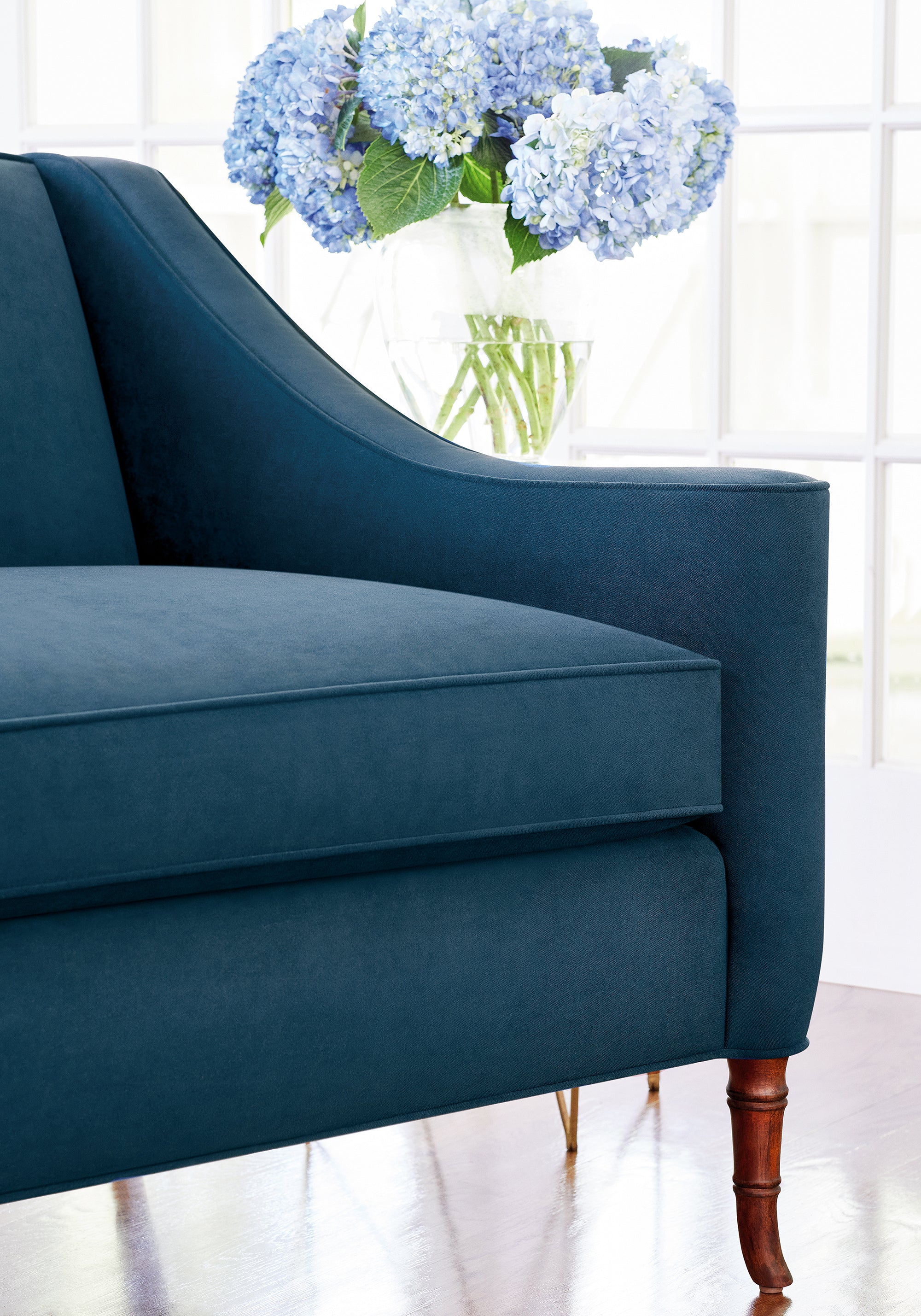 Brighton Settee in Club Velvet sustainable woven fabric in marine color - pattern number W7238 by Thibaut in the Club Velvet collection