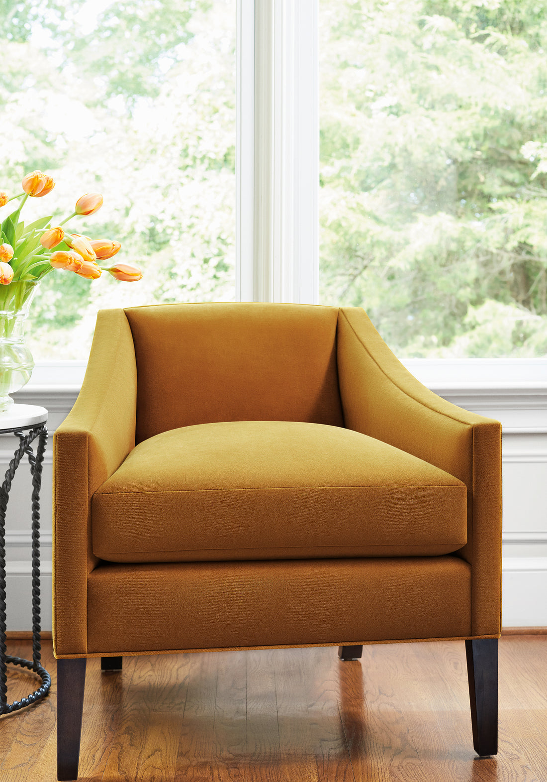 Grayson Chair in Club Velvet sustainable woven fabric in amber color - pattern number W7200 by Thibaut in the Club Velvet collection