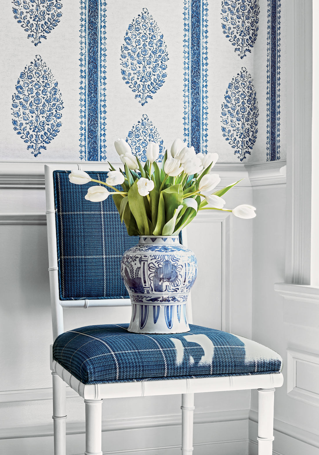 Darien Dining Chair in Grassmarket Check woven fabric in navy color - pattern number W710201 by Thibaut in the Colony collection