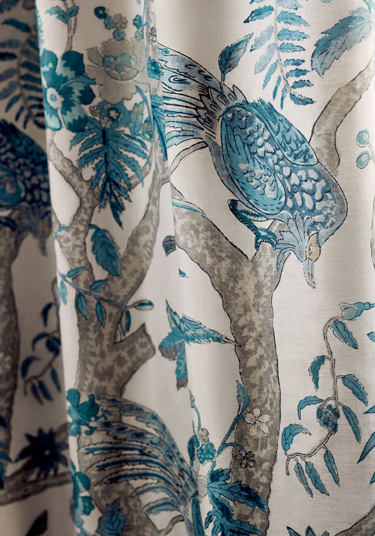 Detailed Coromandel printed fabric in slate blue color, pattern number F910226 of the Thibaut Colony collection