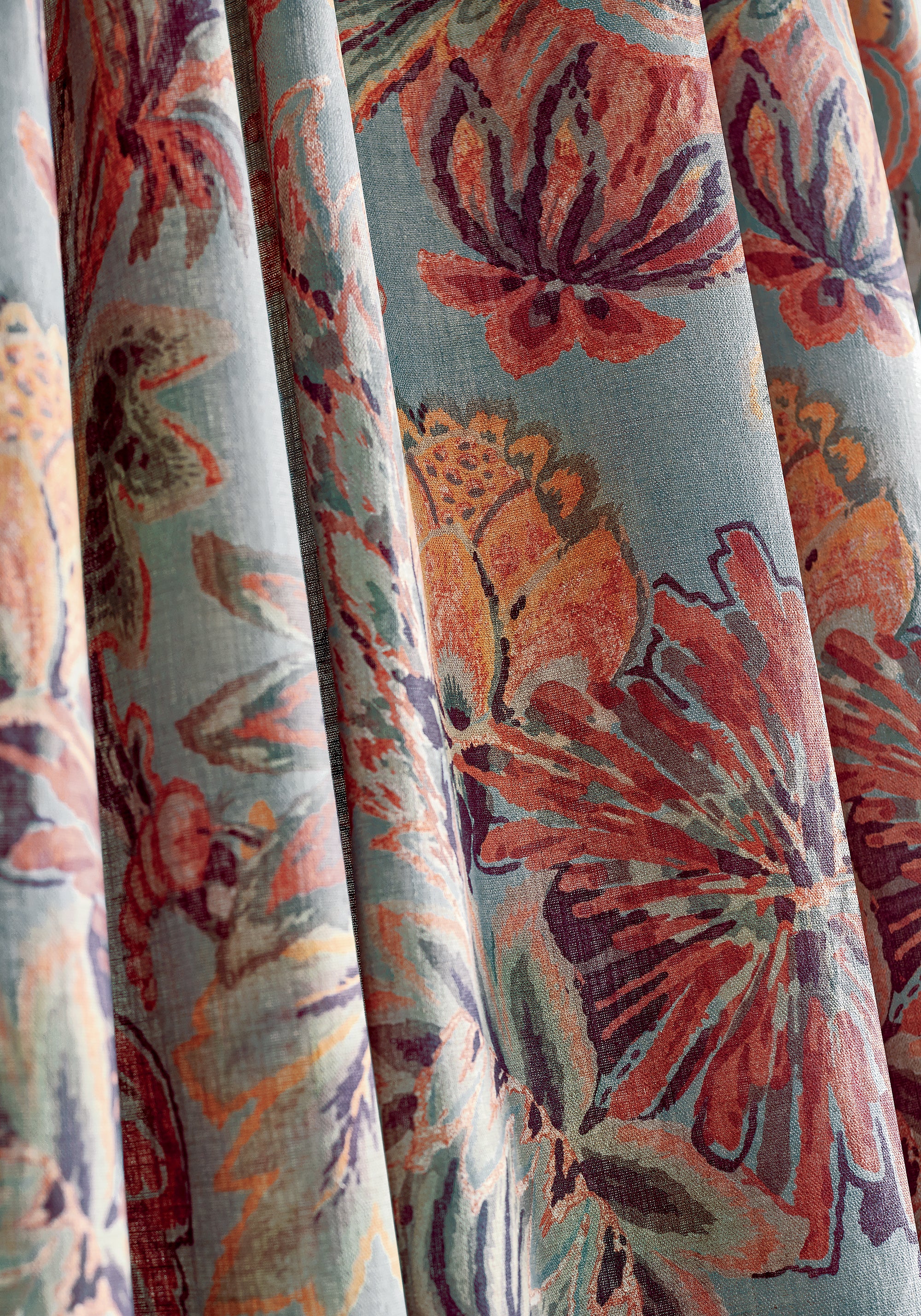 Detailed Floral Gala printed fabric in slate blue and cinnamon color, pattern number F910215 of the Thibaut Colony collection