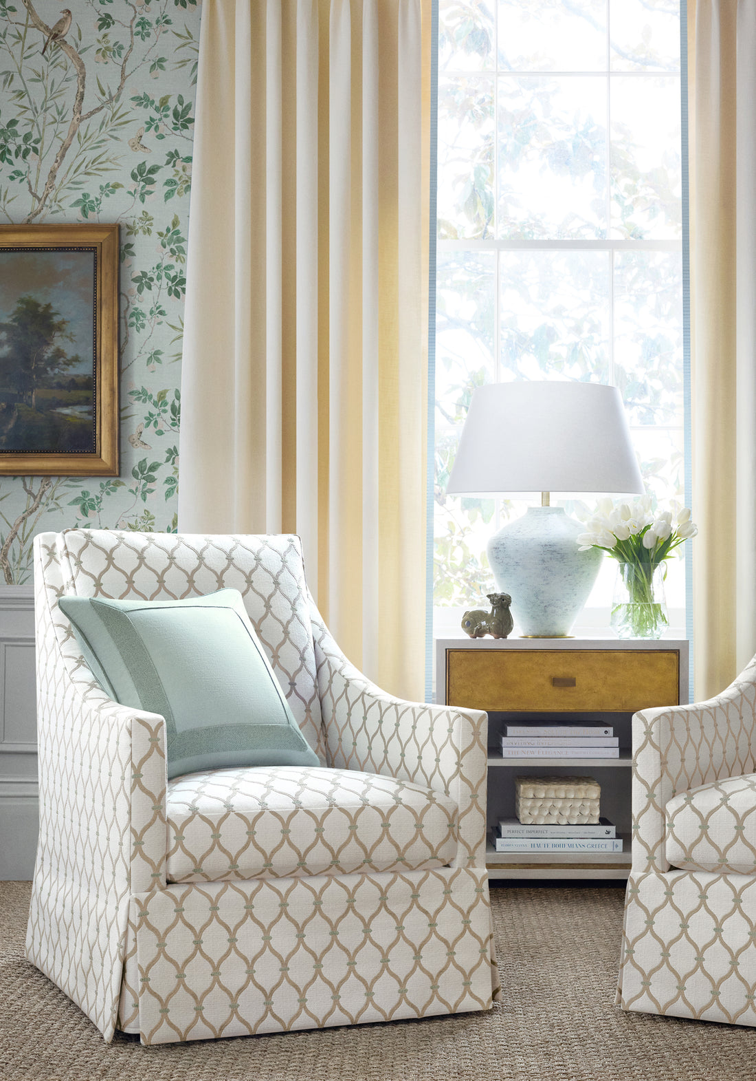 Carson chairs with skirt in Chandler woven fabric in flax color - pattern number W81934 by Anna French in the Bristol collection