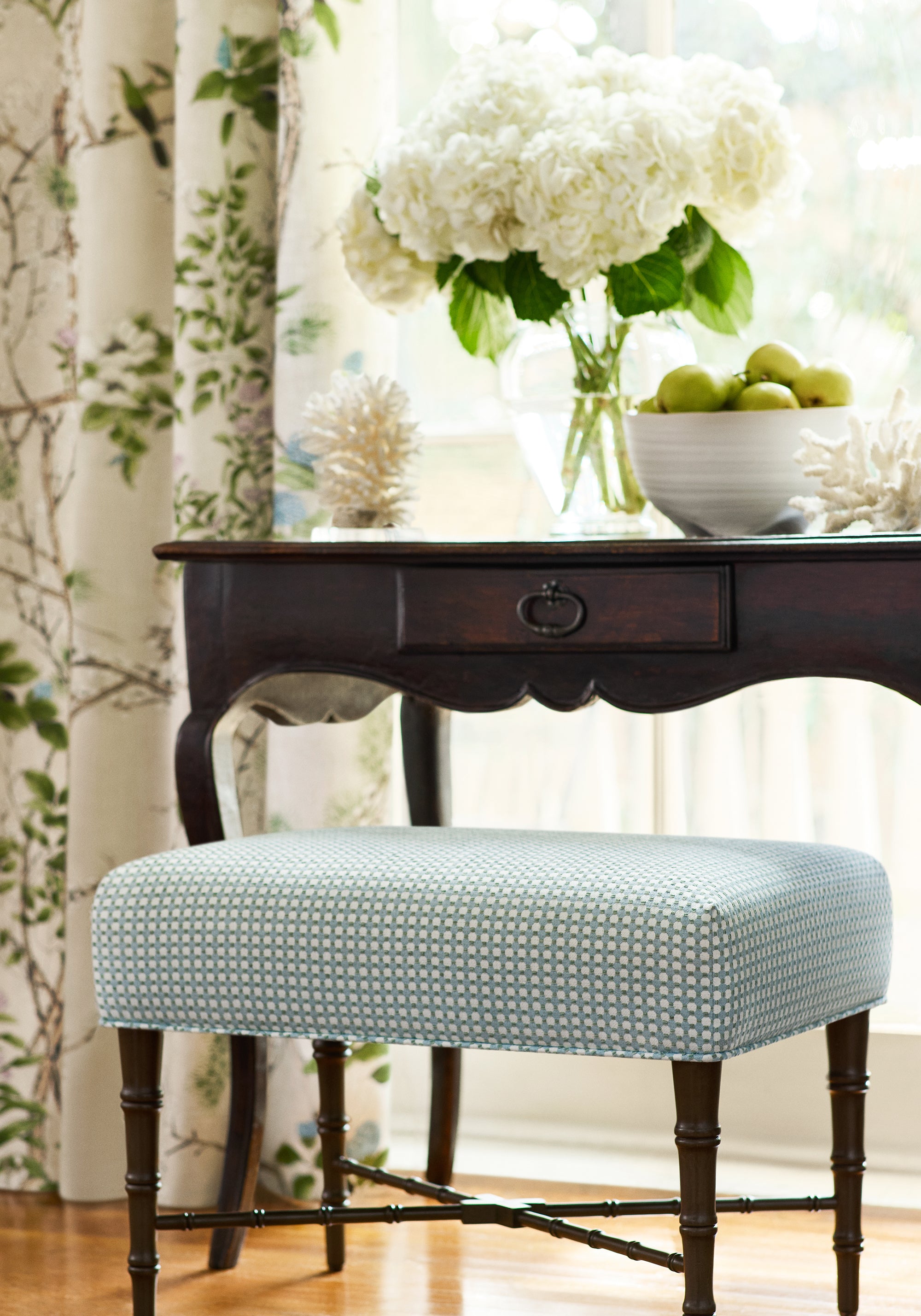 Eaton Ottoman in Darcy woven fabric in powder color - pattern number W81917 by Anna French in the Bristol collection