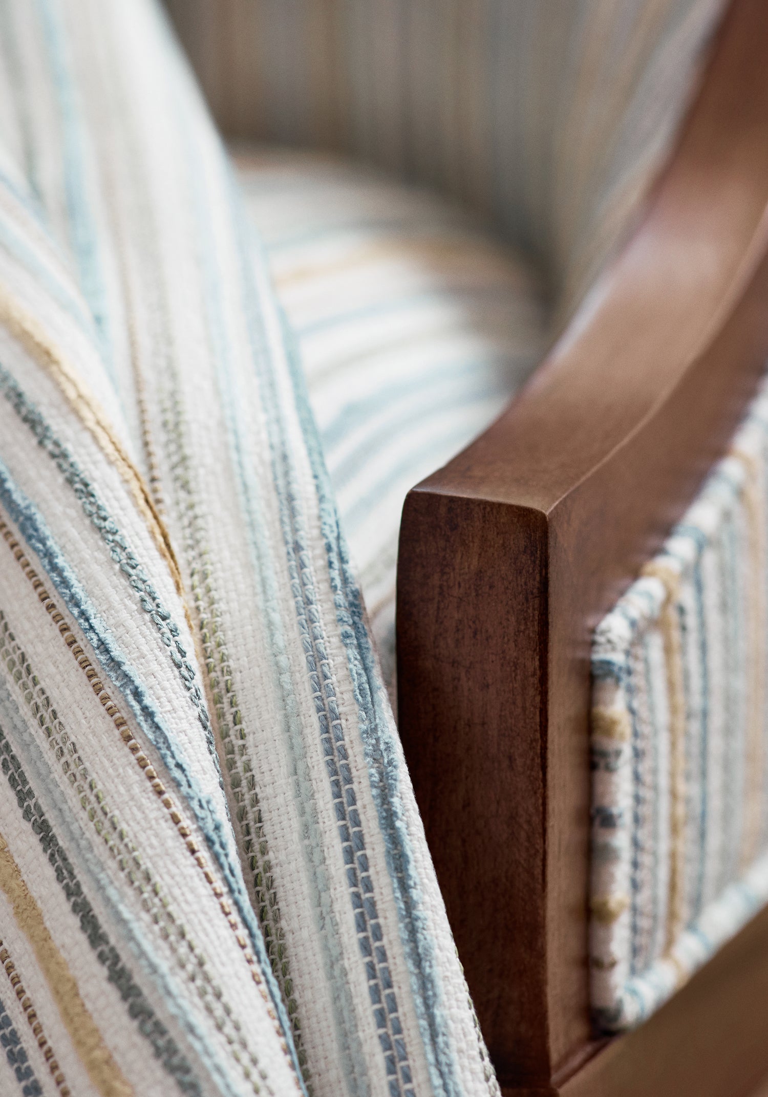 Detailed view of Westcott Chair in Ernie Stripe woven fabric in mineral color variant by Anna French in the Bristol collection - pattern number W81943
