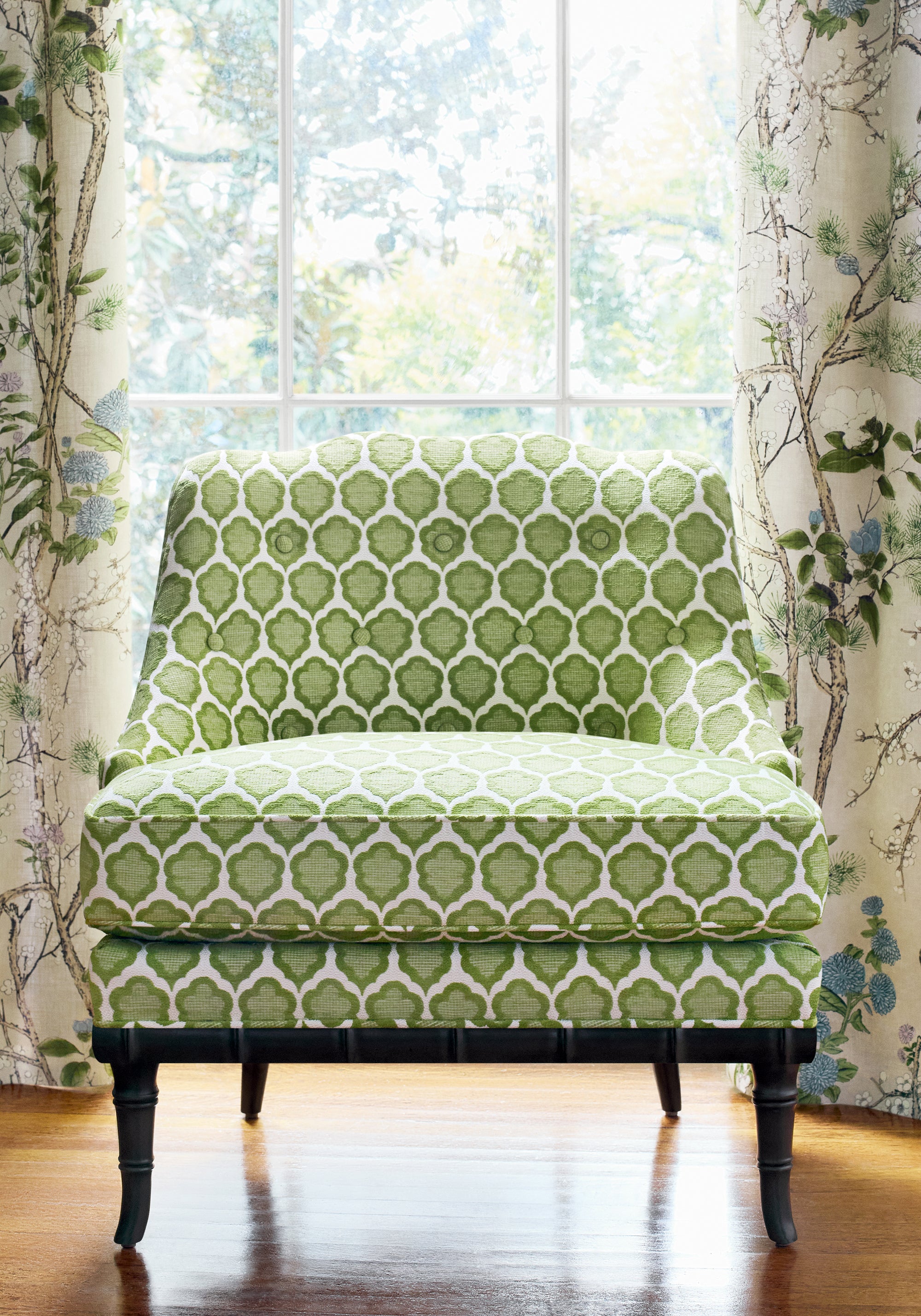 Detailed view of Brentwood Chair in Genie woven fabric in leaf color variant by Anna French in the Bristol collection - pattern number W81930