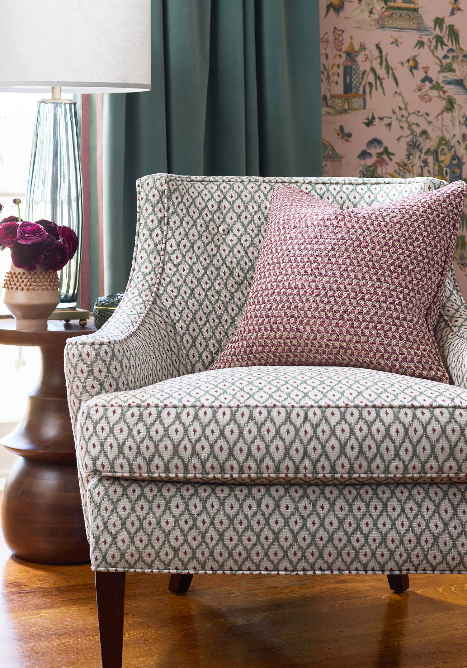 Detailed view of Emerson Chair in Josephine woven fabric in loden color variant by Anna French in the Bristol collection - pattern number W81906