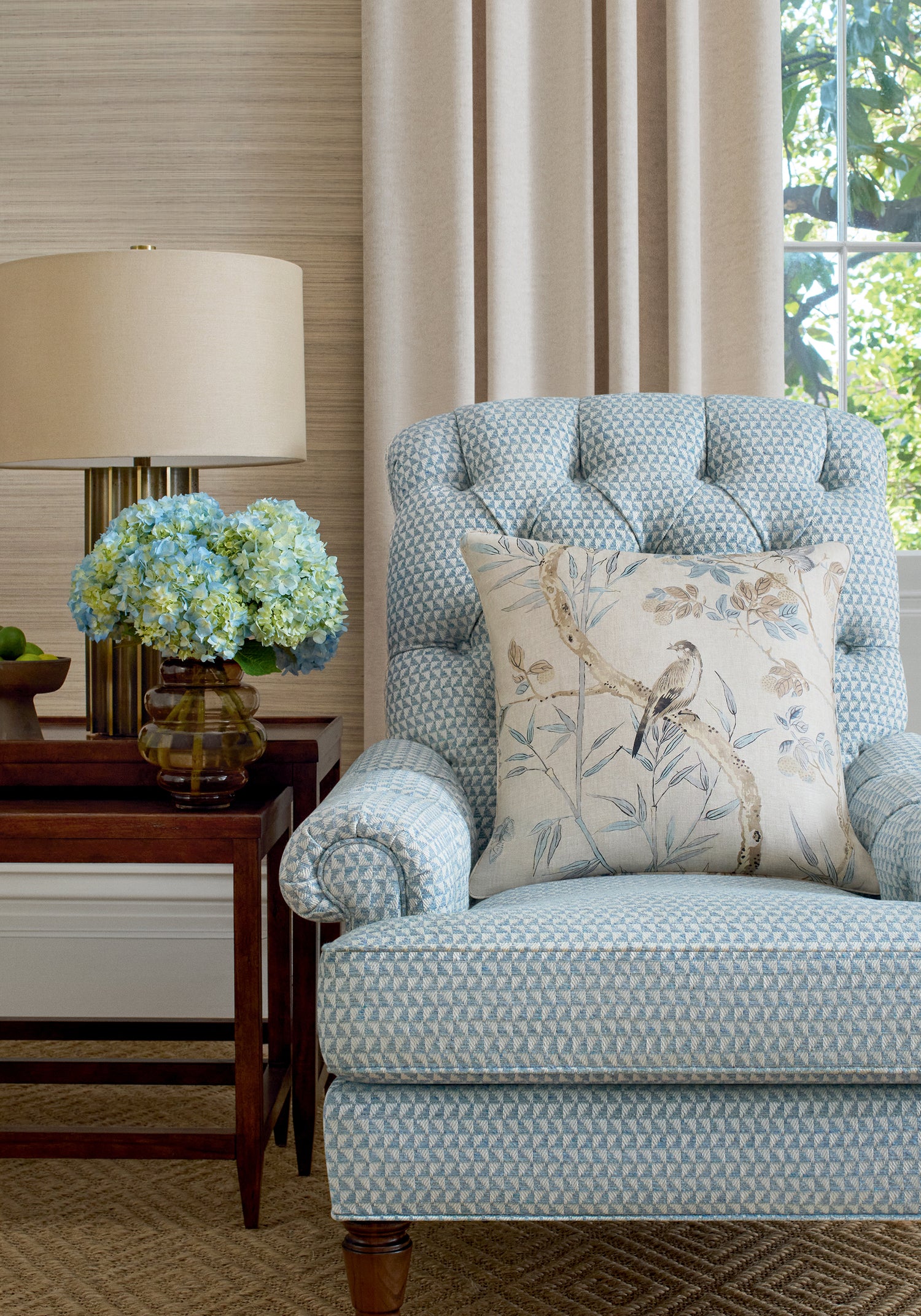 Detailed view of Cambridge Chair in Pollux woven fabric in sky color variant by Anna French in the Bristol collection - pattern number W81910