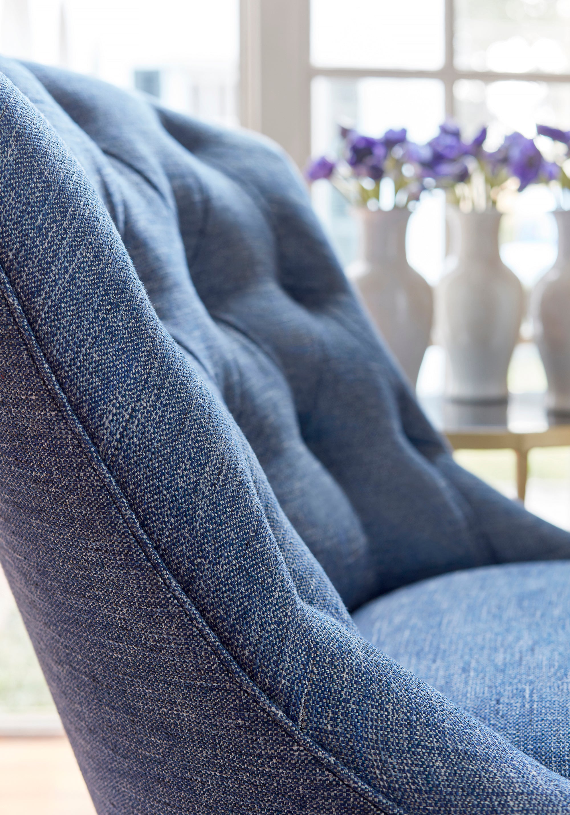 Detailed view of Belaire Chair in Dante woven fabric in navy color - pattern number W80700 by Thibaut in the Woven Resource Vol 11 Rialto collection