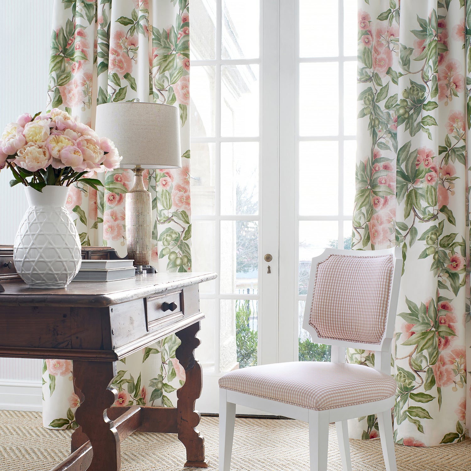 Curtains in Camellia Garden printed fabric in Coral by Anna French, pattern number AF24550
