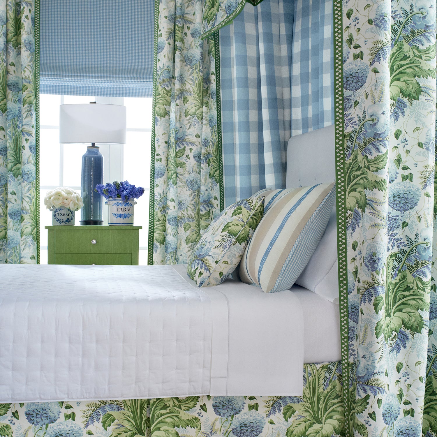 Detail on Draperies, bed canopy and skirt in Dahlia printed fabric in Sky on White, Anna French pattern number AF24535