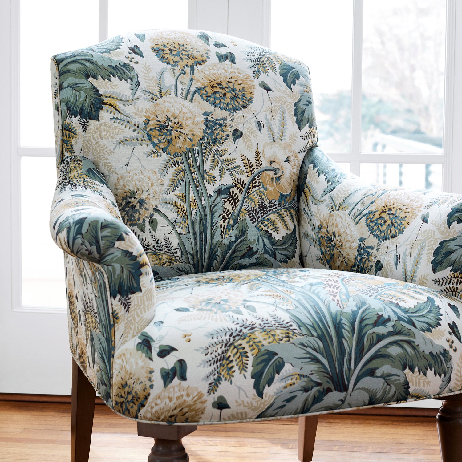 Detail of Pembroke Chair in Dahlia printed fabric in Soft Gold on Cream, Anna French pattern number AF24539