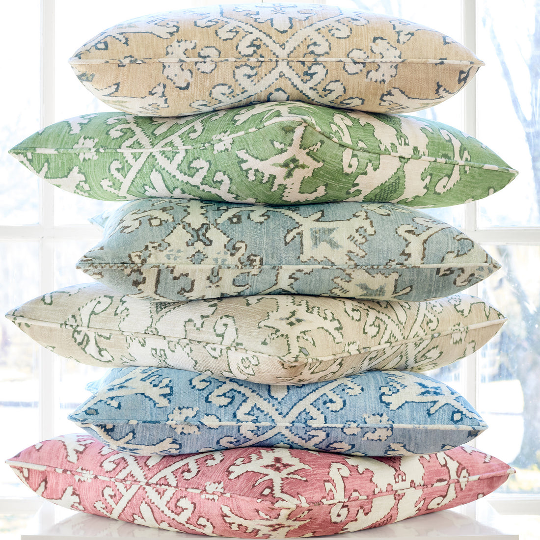 Pillow in Pontorma printed fabric in Kelly - pattern number AF24557 - by Anna French in the Devon collection