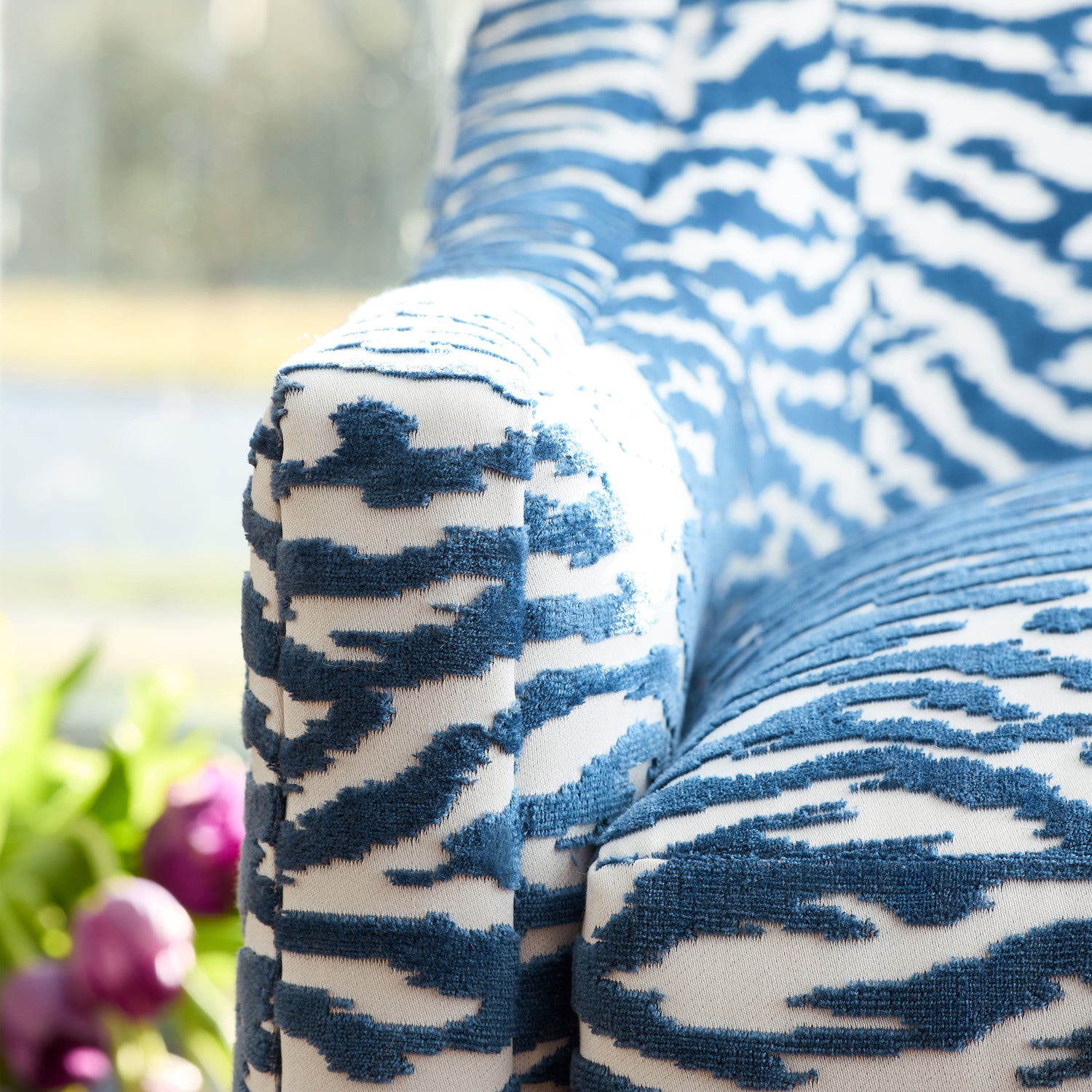 Detail of Everett Chair in Tadoba Velvet in Navy - pattern number AW24527 - by Anna French in the Devon collection