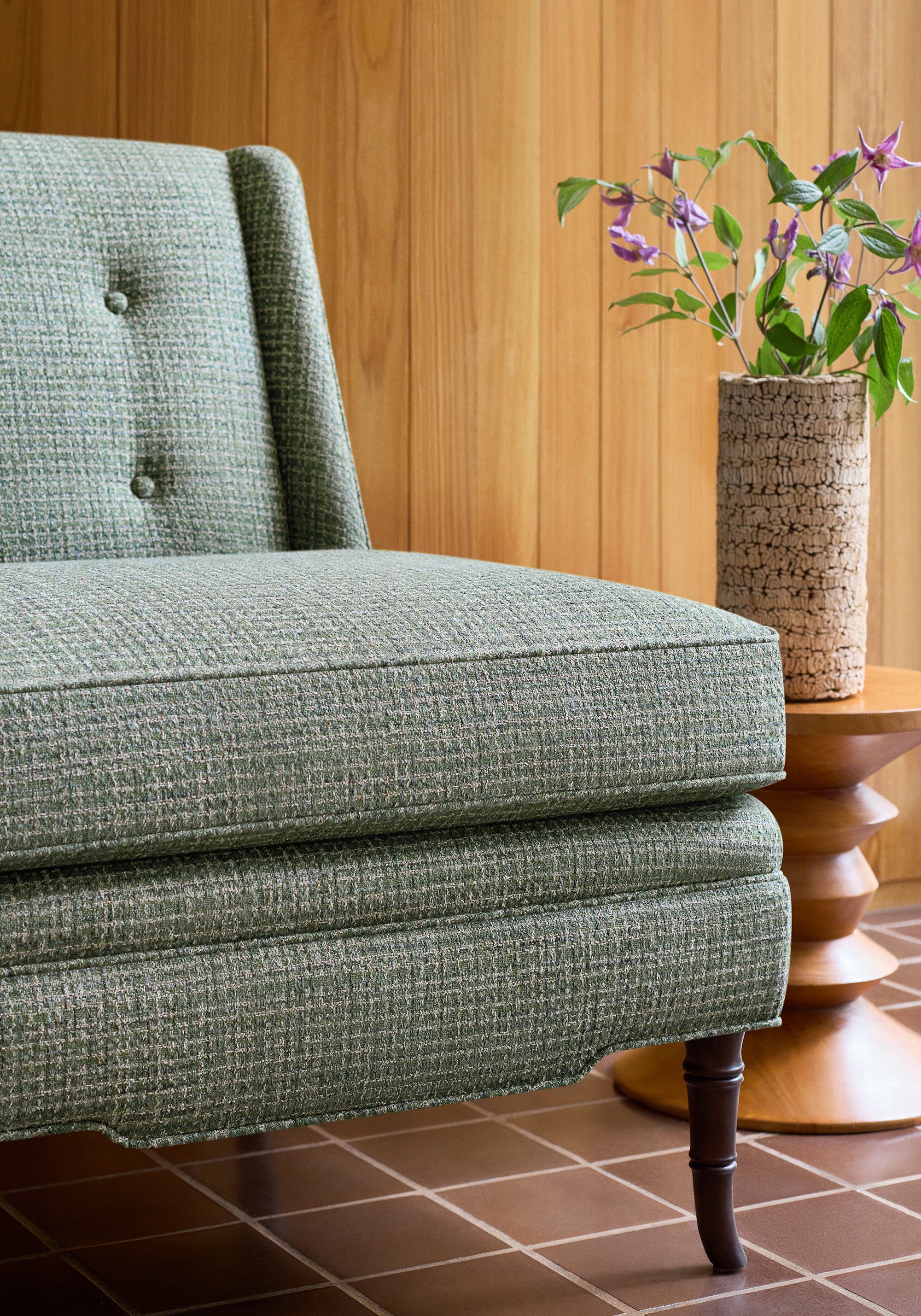 Detail view of Bedford Chair in Emilio woven fabric in Juniperr - pattern number W80955 - by Thibaut