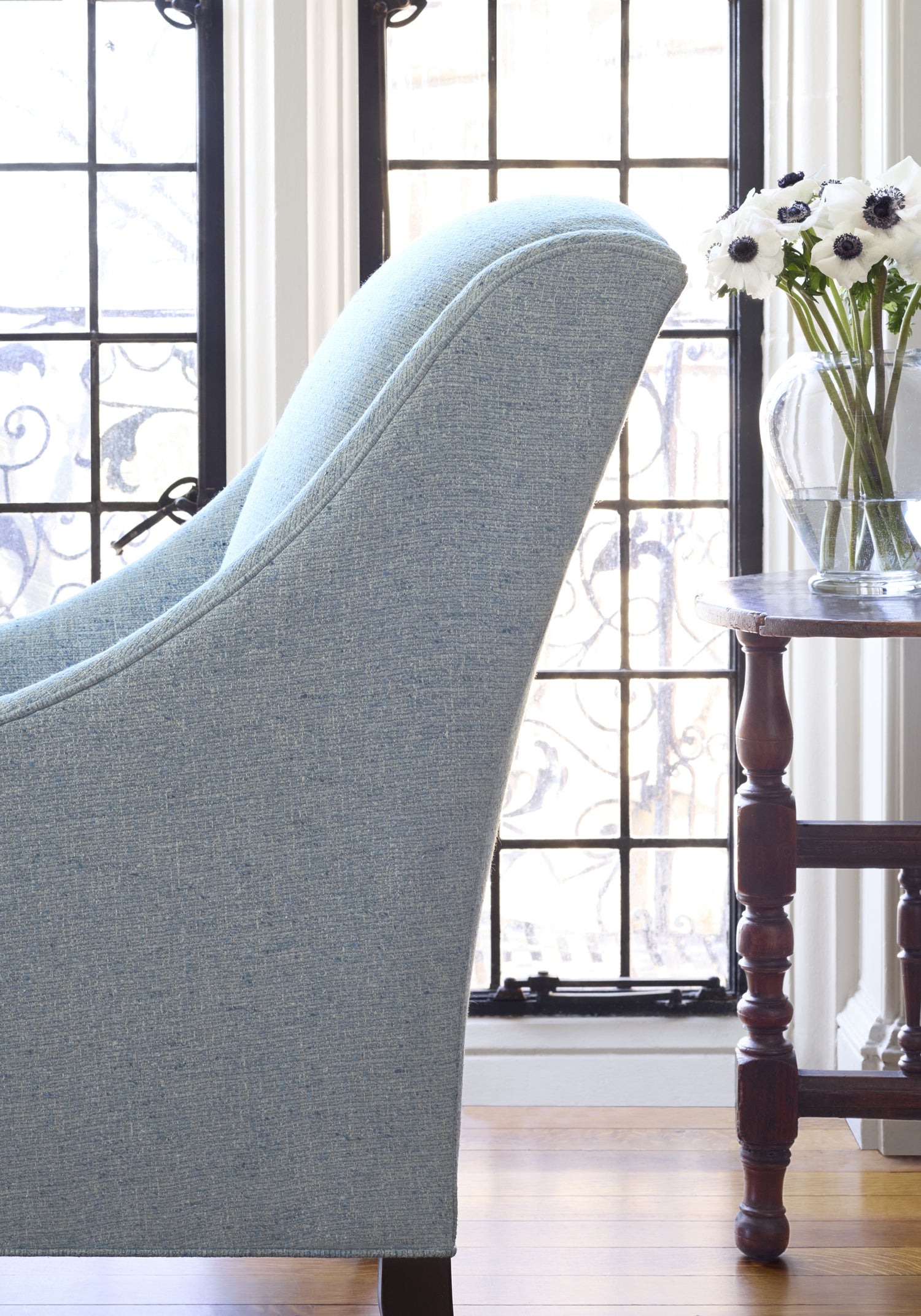 Shelton Wing Chair in Shannon woven fabric in Waterfall - pattern number W80932 - by Thibaut fabrics