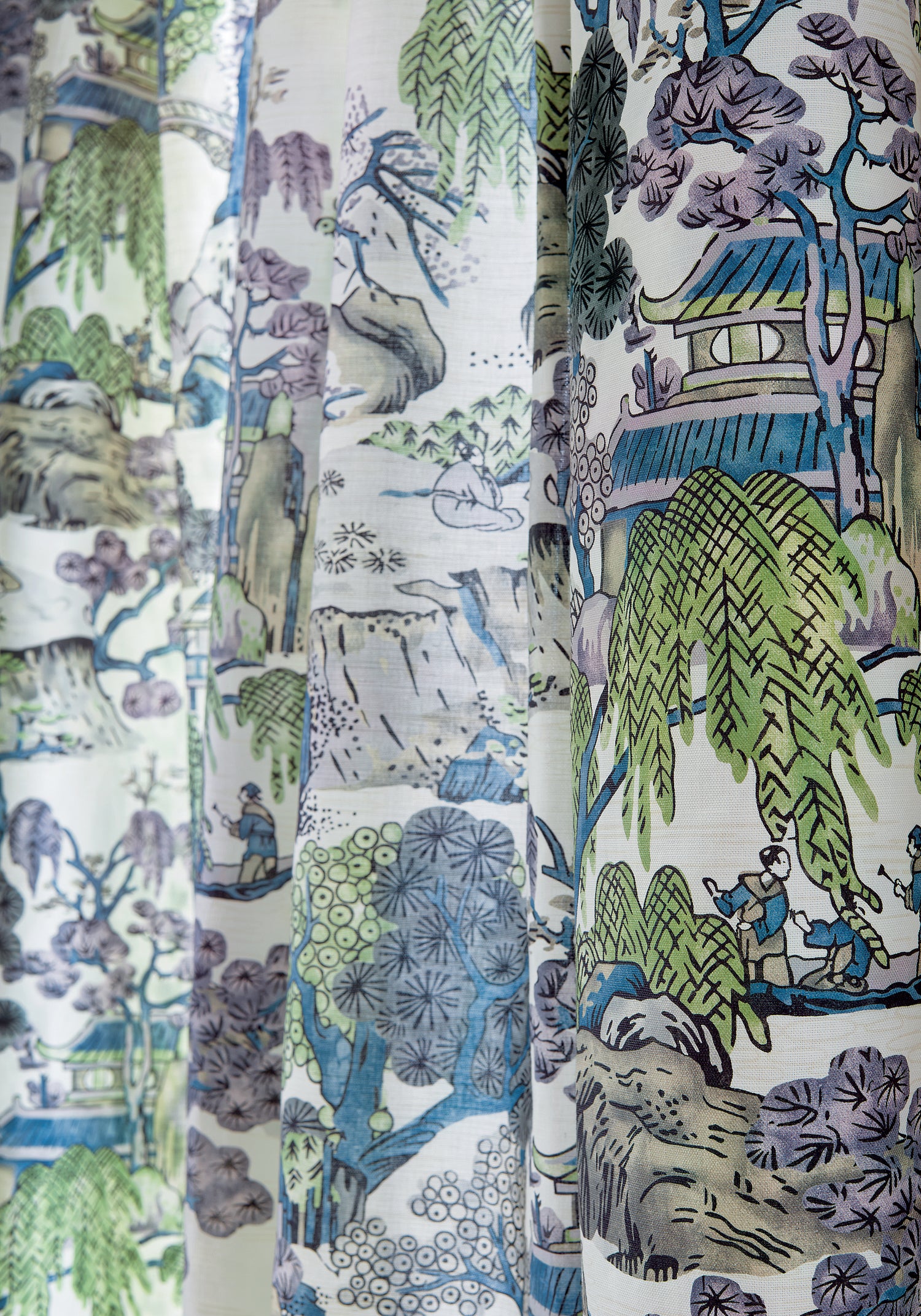 Detailed view of Draperies in Asian Scenic print fabric in purple and blue color variant by Thibaut in the Dynasty collection - pattern number F975459