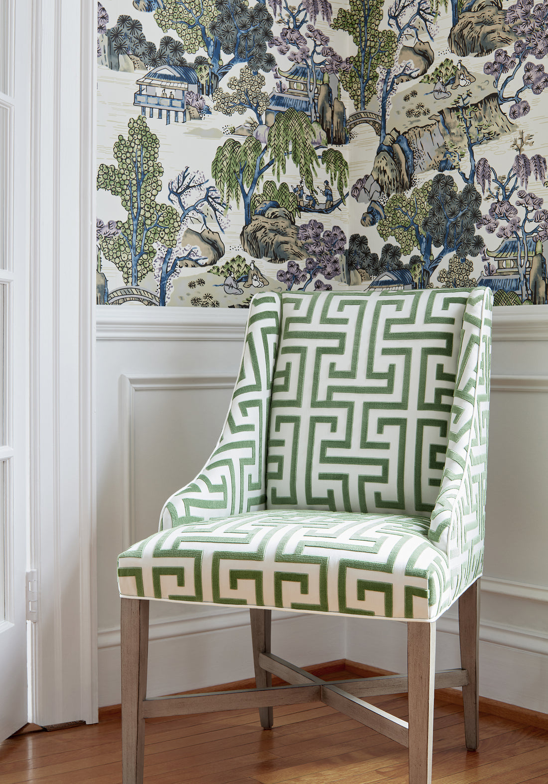 Hayden Dining Chair in Ming Trail woven fabric in green color - pattern number W775476 by Thibaut in the Dynasty collection