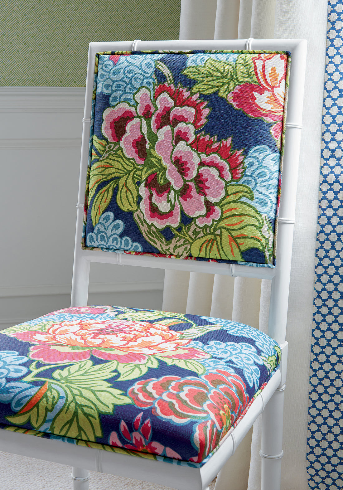 Darien Dining Chair in Honshu printed fabric in navy color - pattern number F975488 by Thibaut in the Dynasty collection