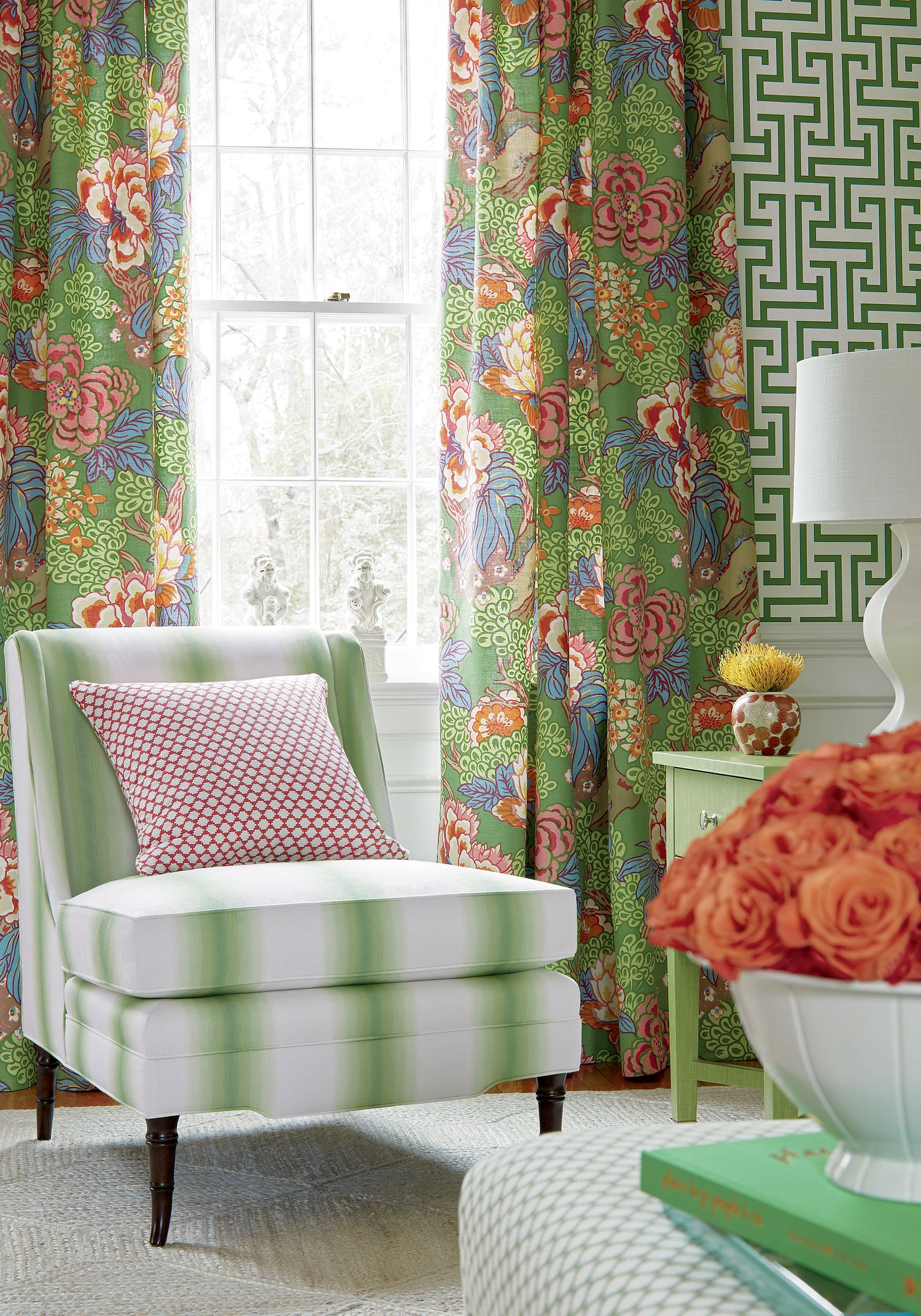 Living room with curtains made from Honshu fabric in green color - pattern number F975491 - by Thibaut fabrics