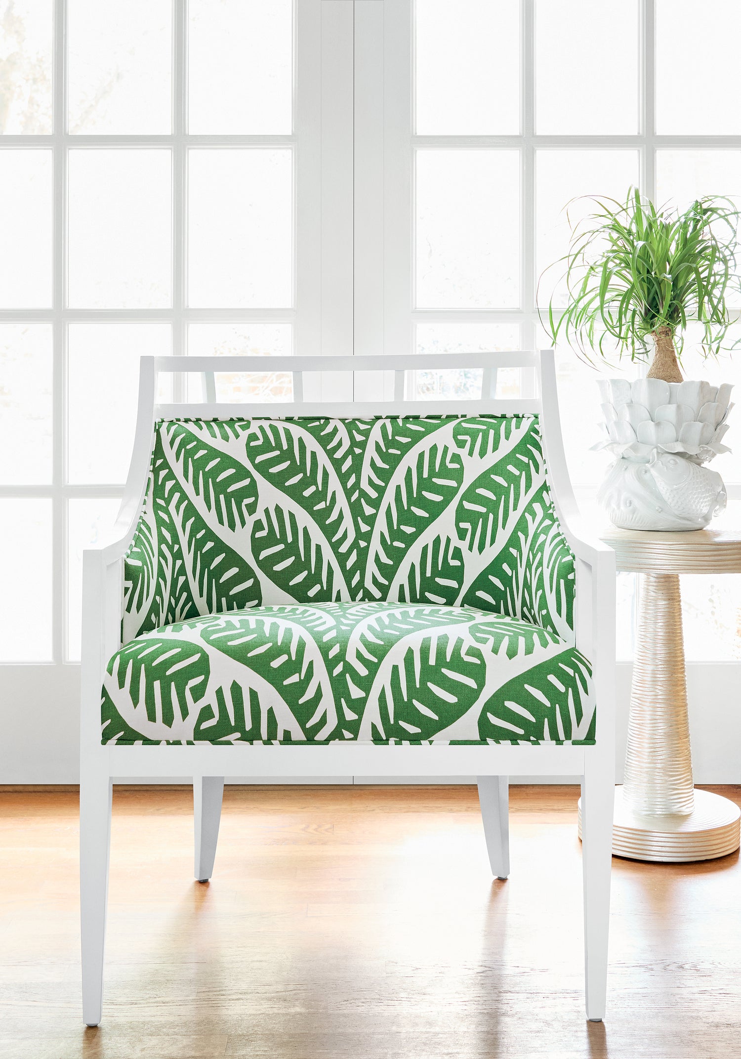 Malibu Chair in Ginger printed fabric in emerald color - pattern number F920832 by Thibaut in the Eden collection