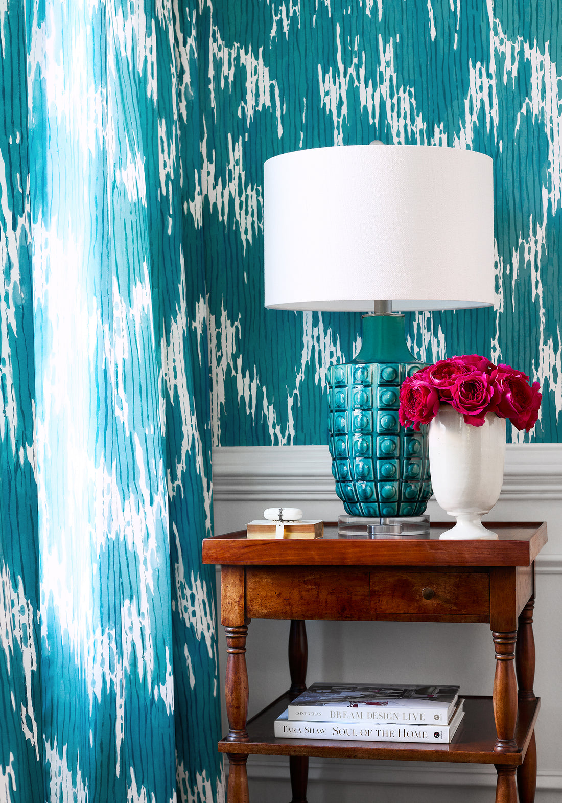 Draperies in Maverick printed fabric in teal color - pattern number F920816 by Thibaut in the Eden collection