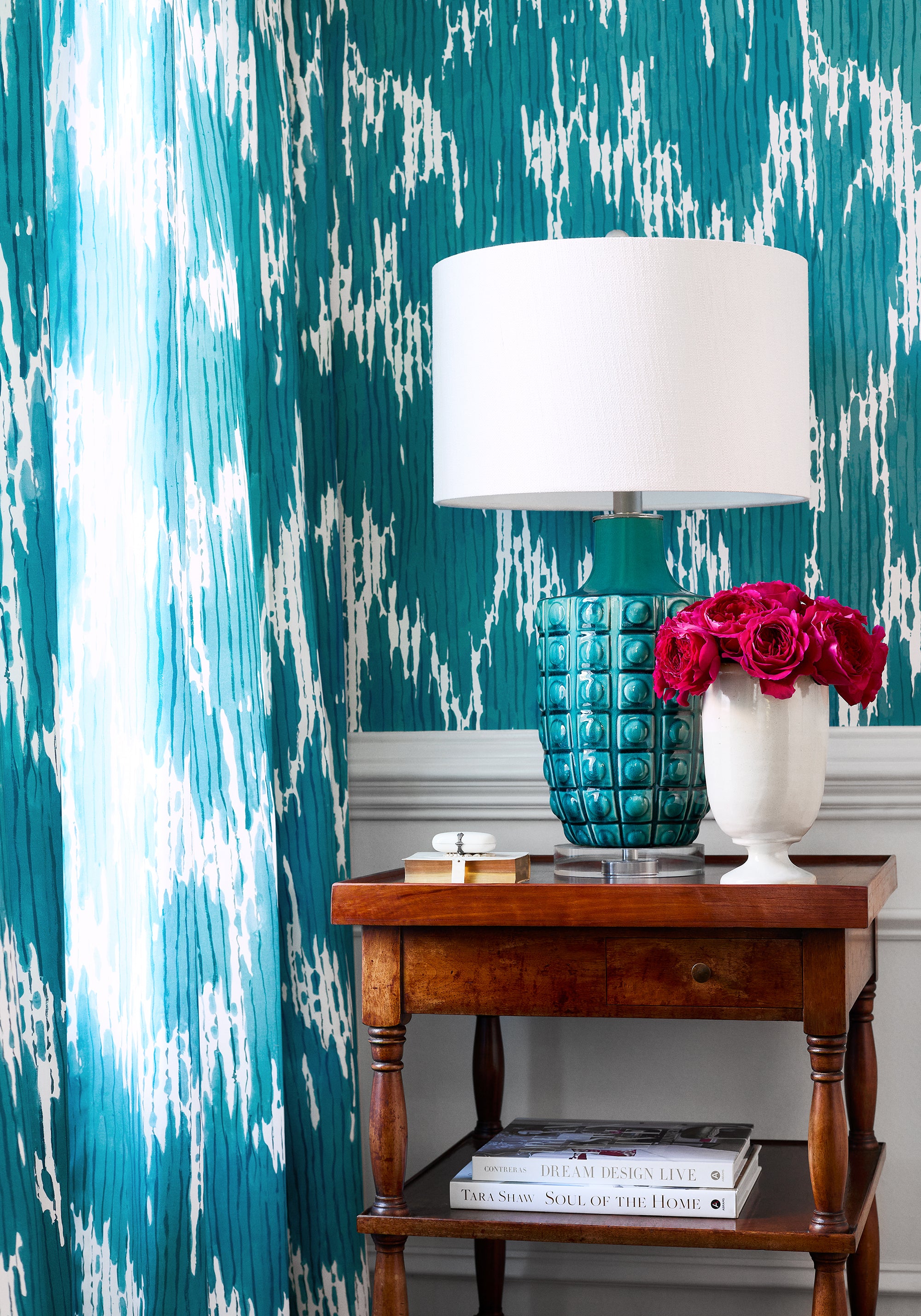 Draperies in Maverick printed fabric in teal color - pattern number F920816 by Thibaut in the Eden collection