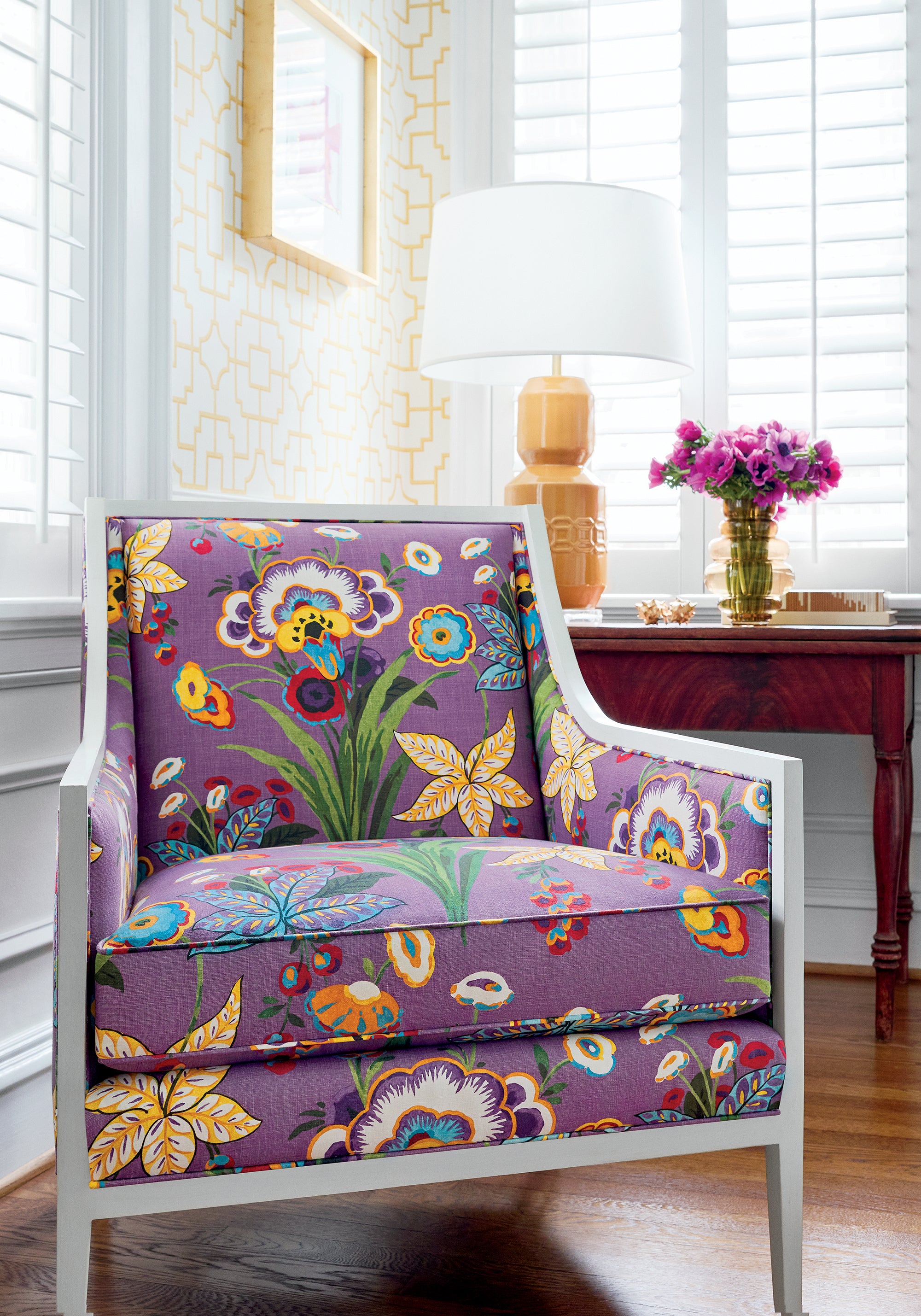 Pasadena Chair in Pasadena printed fabric in plum color - pattern number F920850 by Thibaut in the Eden collection