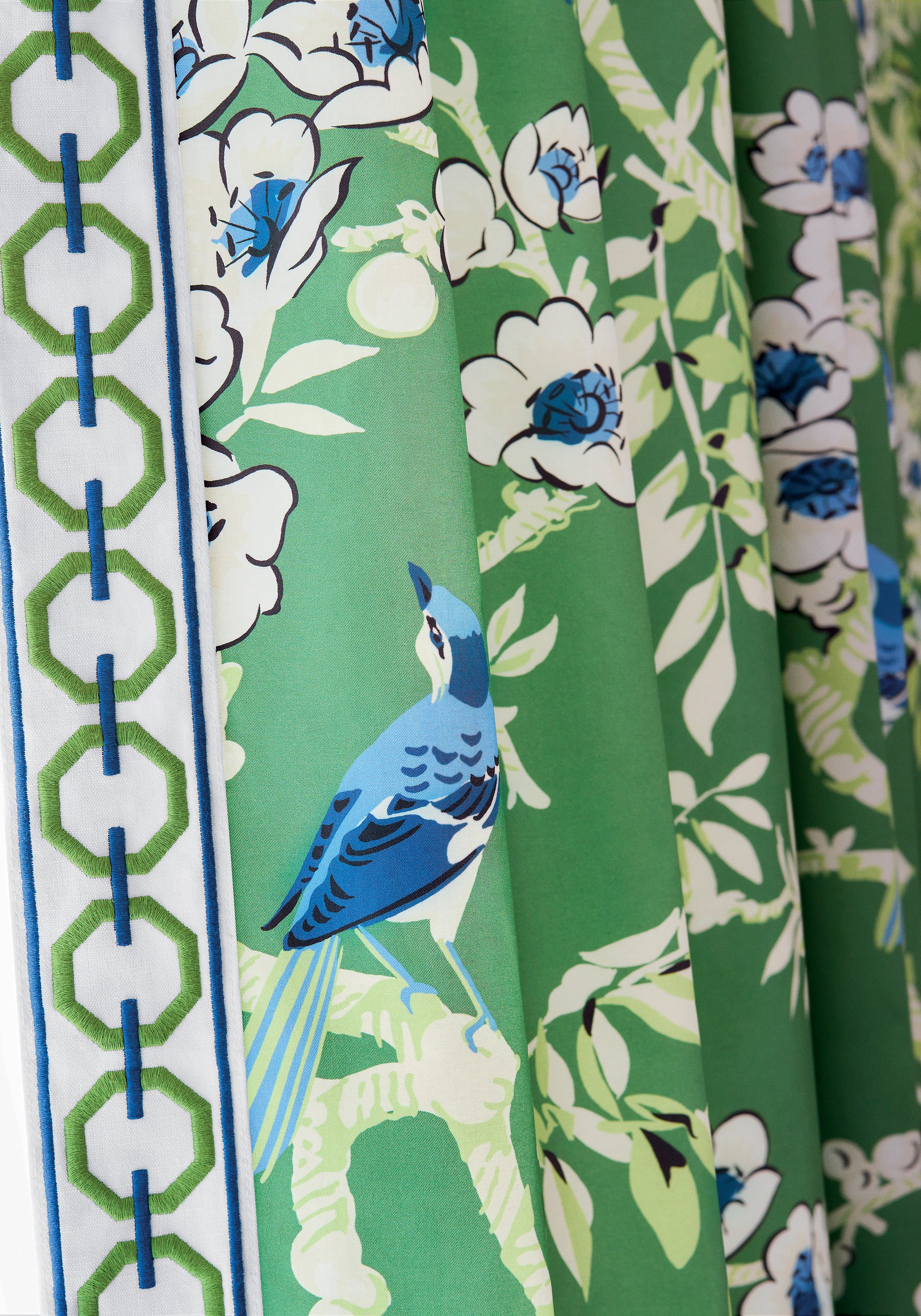 Detailed view of Yukio printed fabric in green color variant by Thibaut in the Eden collection - pattern number F920841