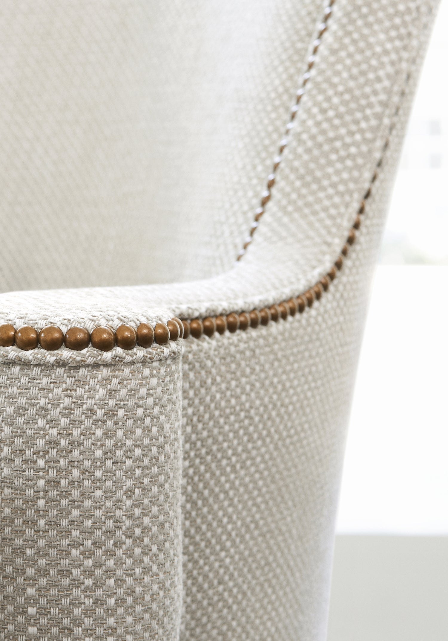 Closeup detail of Montclair Chair in Thibaut Cascade woven fabric in Dove color pattern number W75255