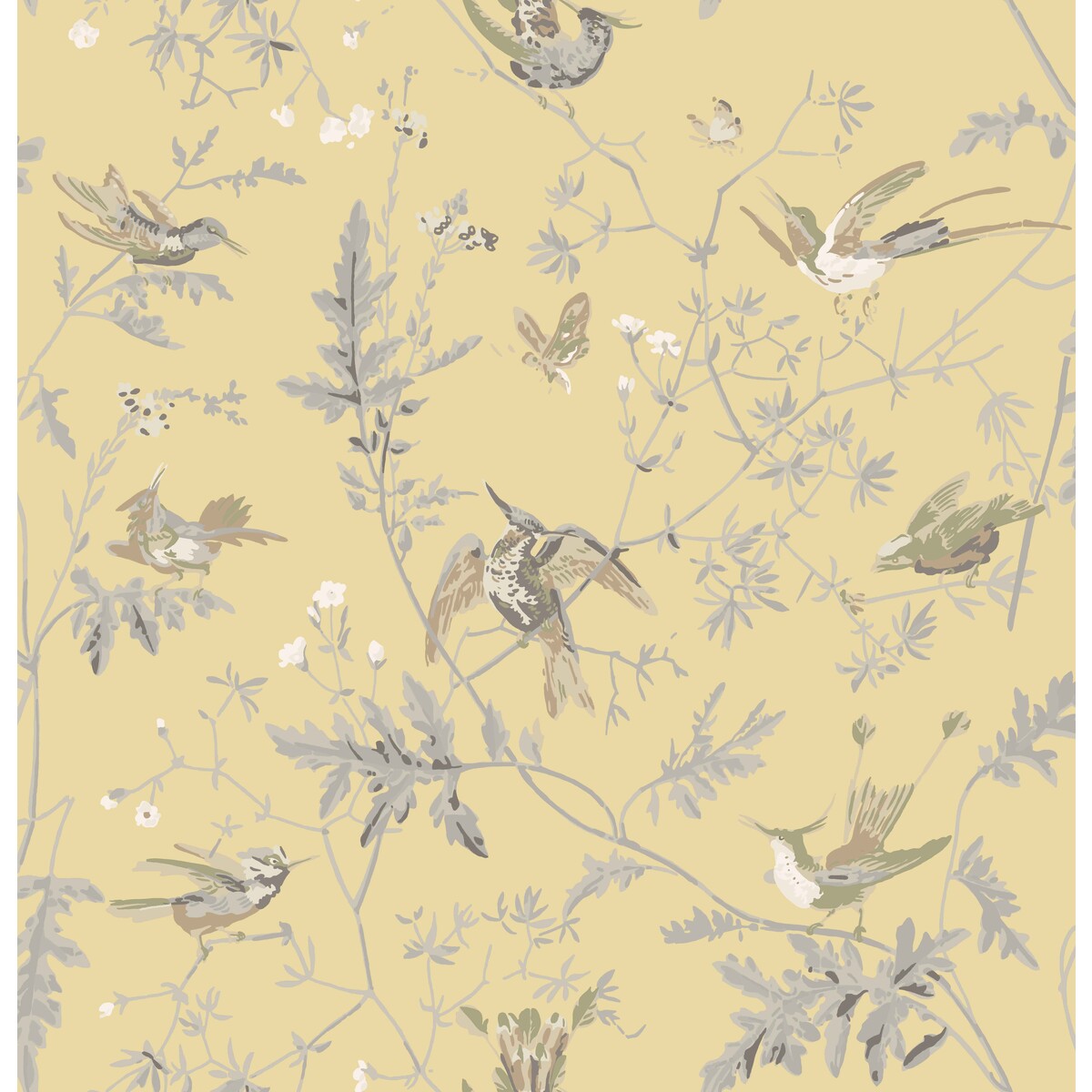 Hummingbirds fabric in gld/sft grey color - pattern F111/1001.CS.0 - by Cole &amp; Son in the Cole &amp; Son Contemporary Fabrics collection