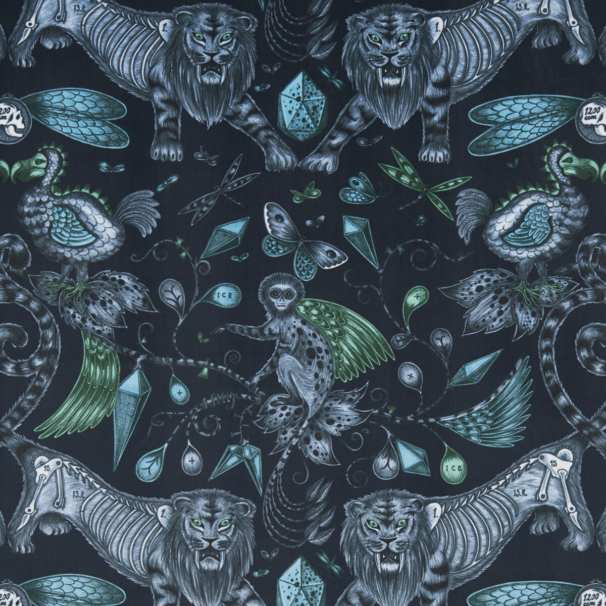 Extinct Velvet fabric in navy color - pattern F1208/01.CAC.0 - by Clarke And Clarke in the Animalia By Emma J Shipley For C&amp;C collection