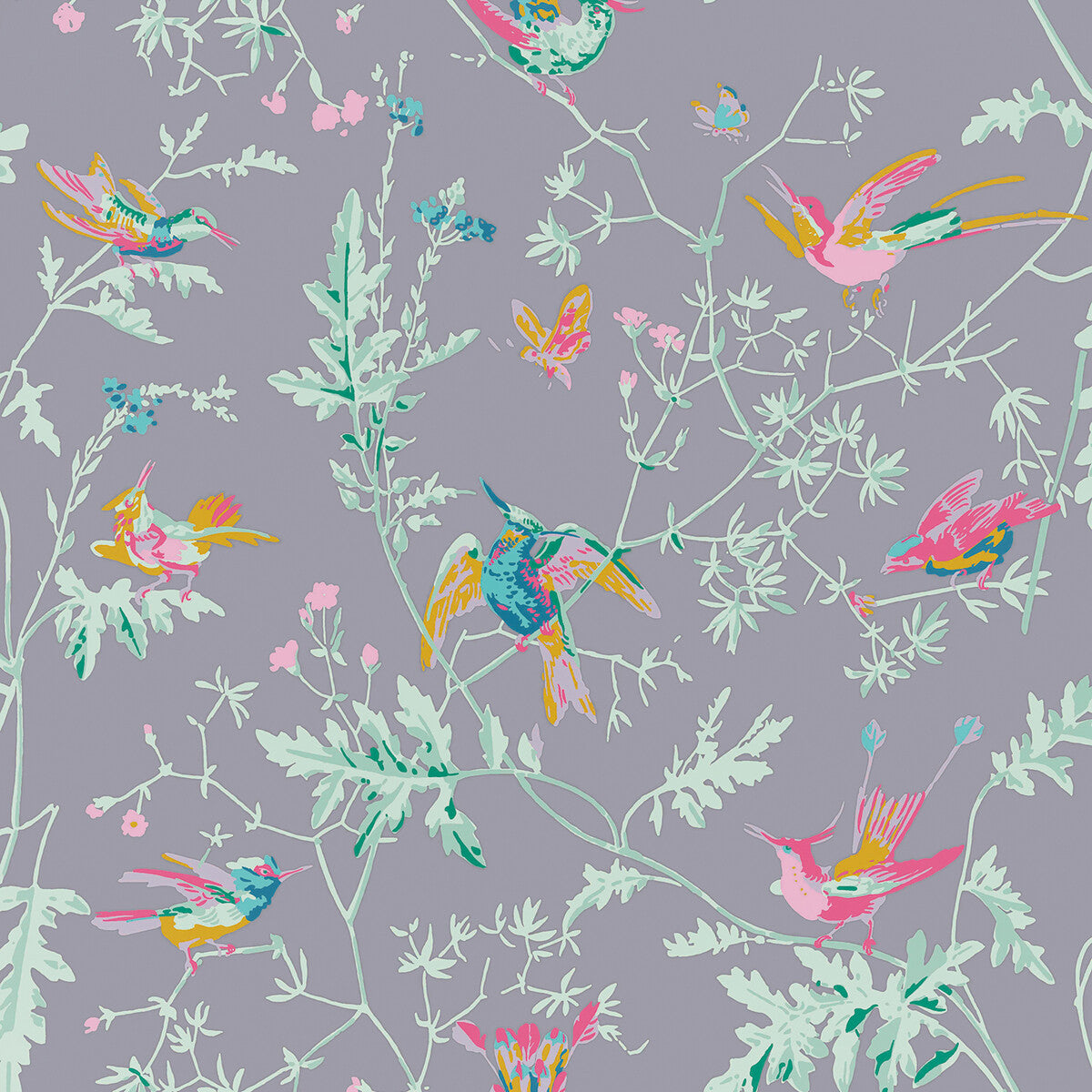 Hummingbirds Silk fabric in purple color - pattern number F125/1002.CS.0 - by Cole &amp; Son in the Cole &amp; Son Selection Of Hummingbirds collection