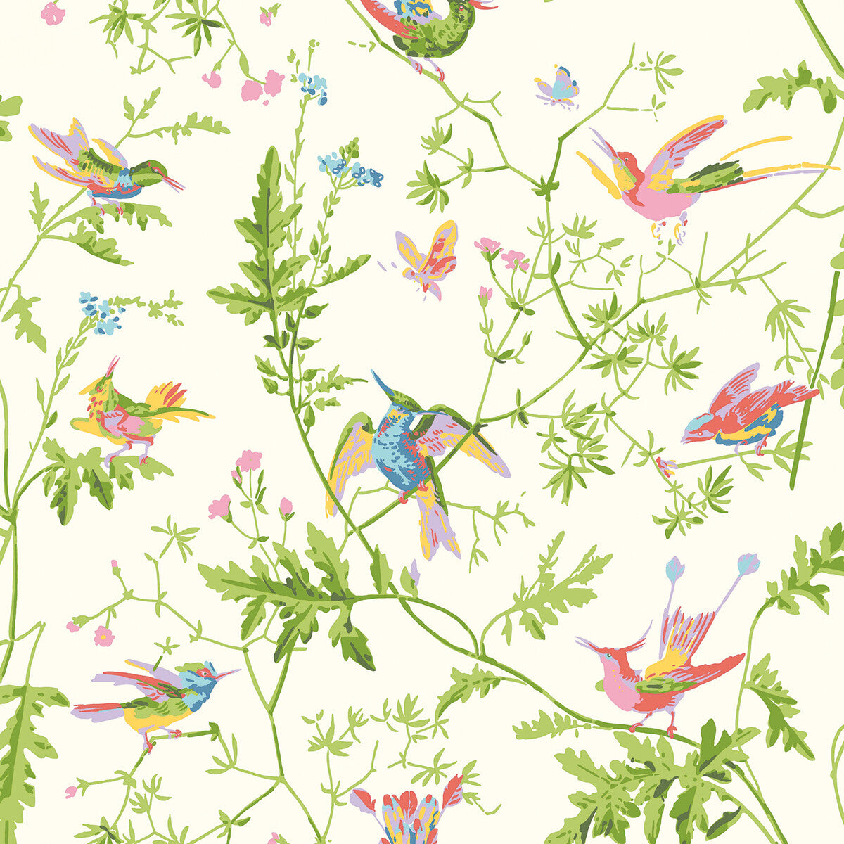 Hummingbirds Silk fabric in pearl color - pattern number F125/1003.CS.0 - by Cole &amp; Son in the Cole &amp; Son Selection Of Hummingbirds collection