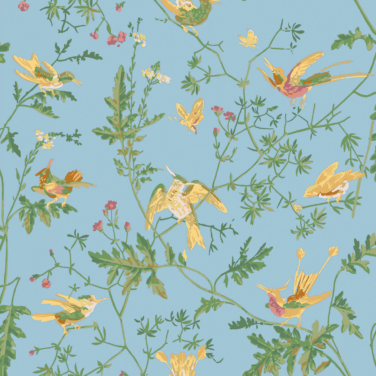 Hummingbirds Cotton Print fabric in yellow blue color - pattern number F125/3011.CS.0 - by Cole &amp; Son in the Cole &amp; Son Selection Of Hummingbirds collection