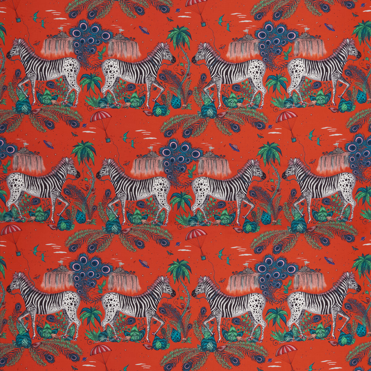 Lost World Satin fabric in red color - pattern F1484/02.CAC.0 - by Clarke And Clarke in the Wilderie By Emma J Shipley For C&amp;C collection